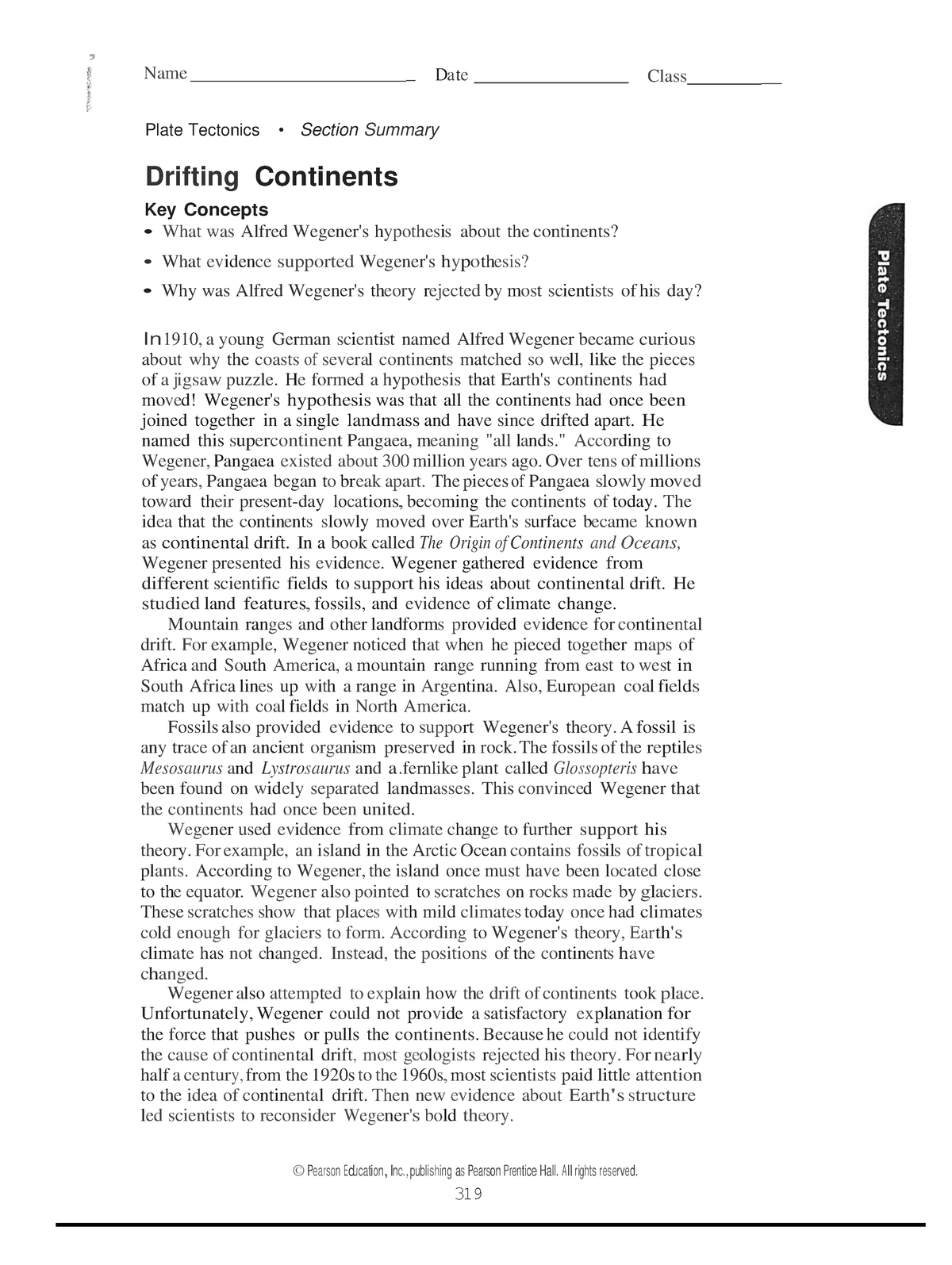 Drifting Continents Worksheet - , Name   Date Class   Plate Tectonics 