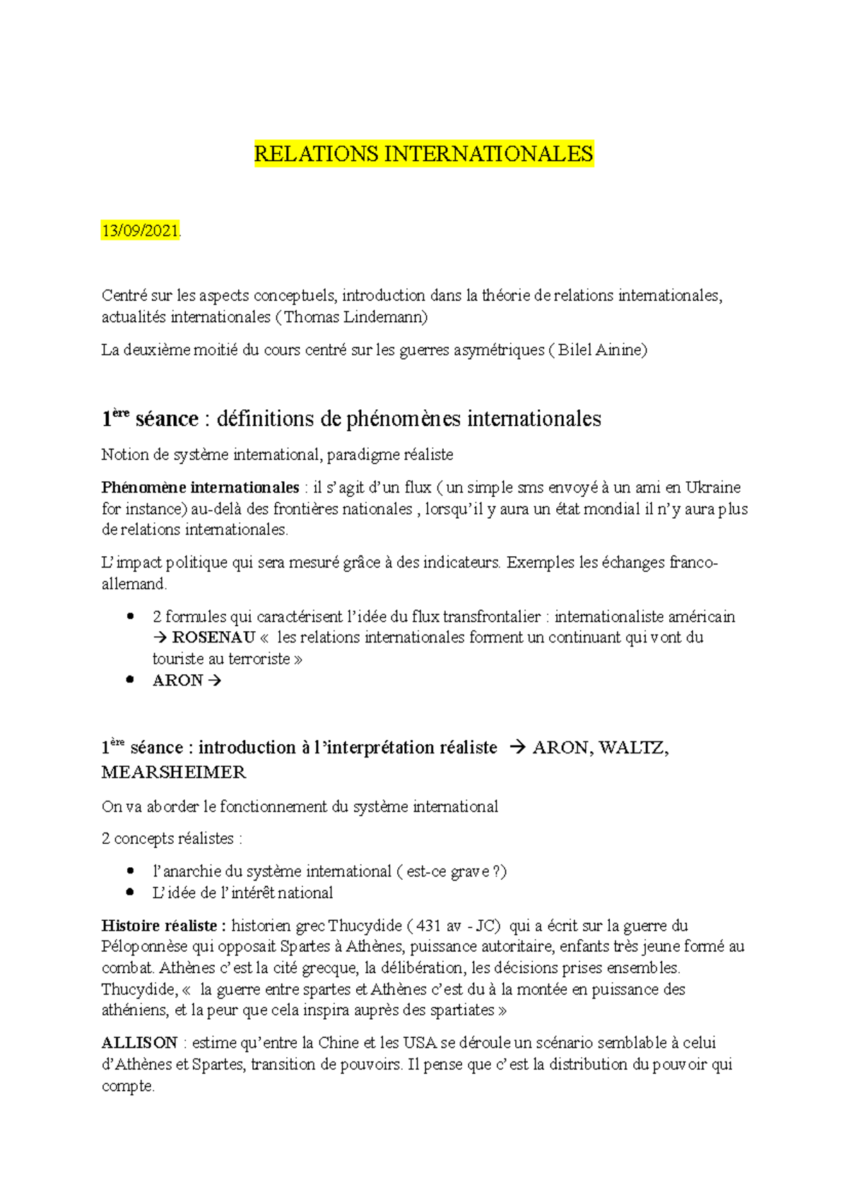 Cours - Relations Internationales^L - RELATIONS INTERNATIONALES 13/09 ...