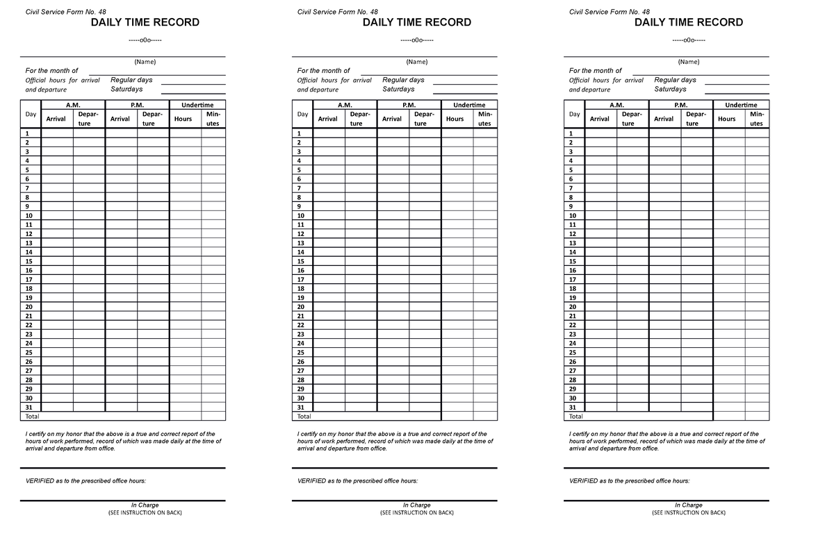 Civil Service DTR Form (Long) - Civil Service Form No. 48 DAILY TIME ...