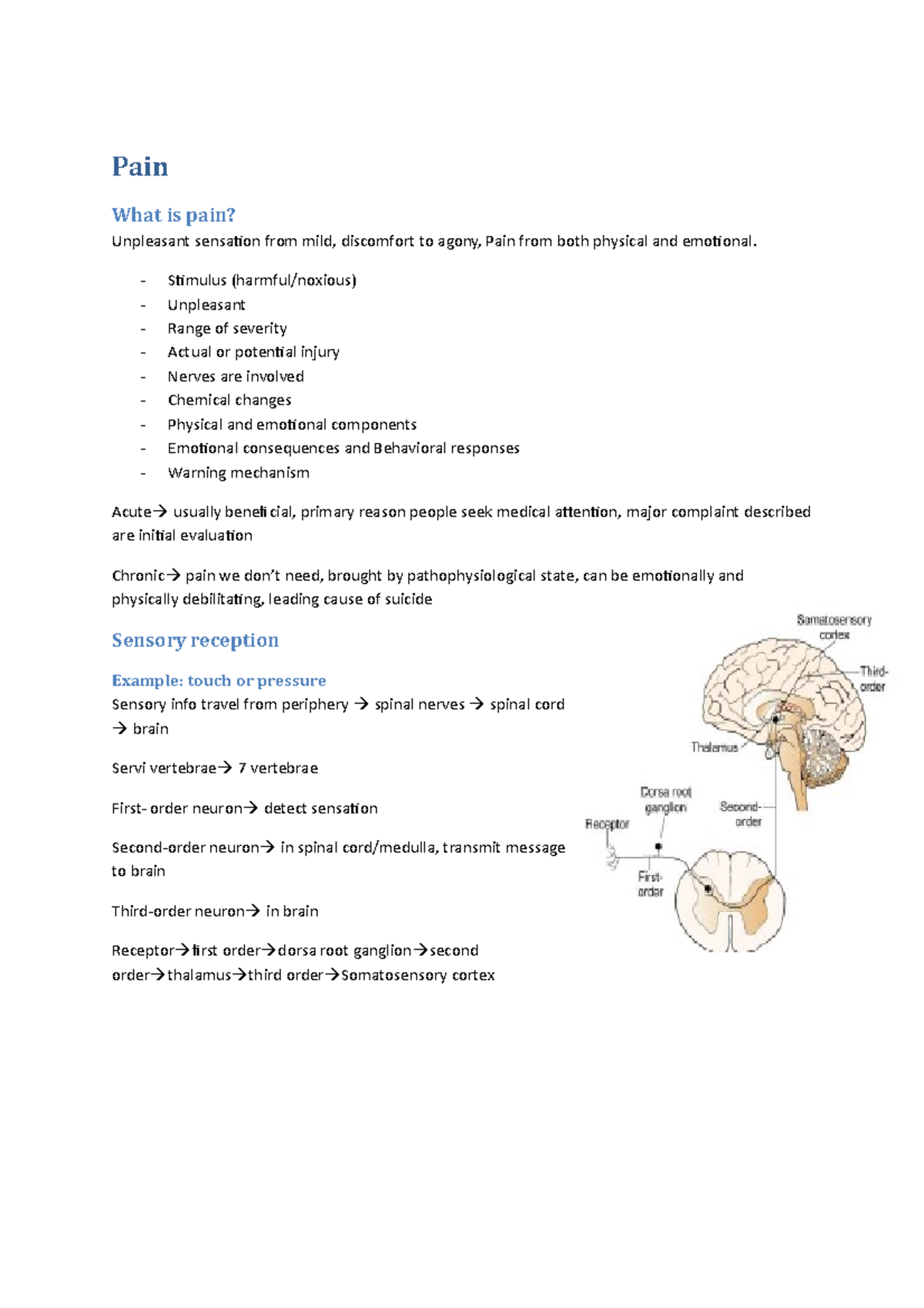 Pain - Pain Lecture Summary - Pain What Is Pain? Unpleasant Sensation 