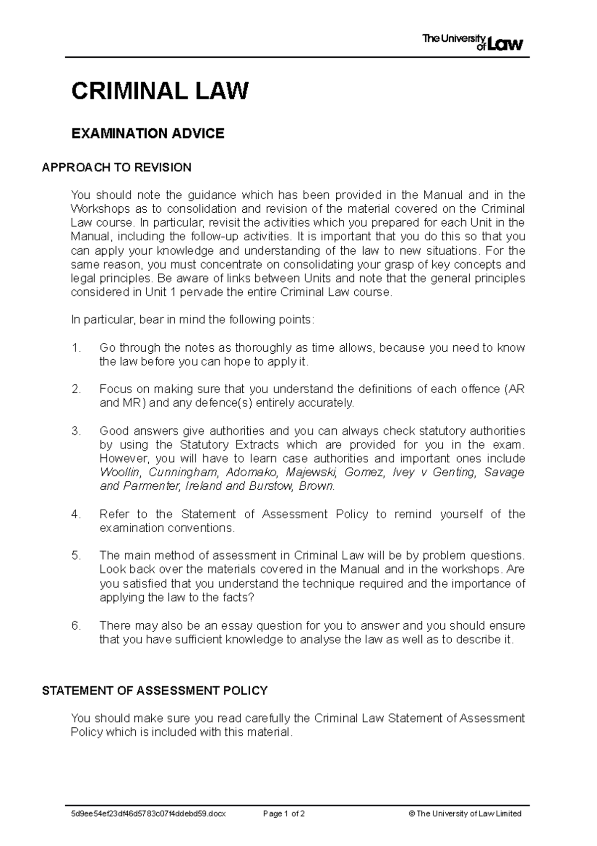 2223 a criminal ce01 exam advice CRIMINAL LAW EXAMINATION ADVICE