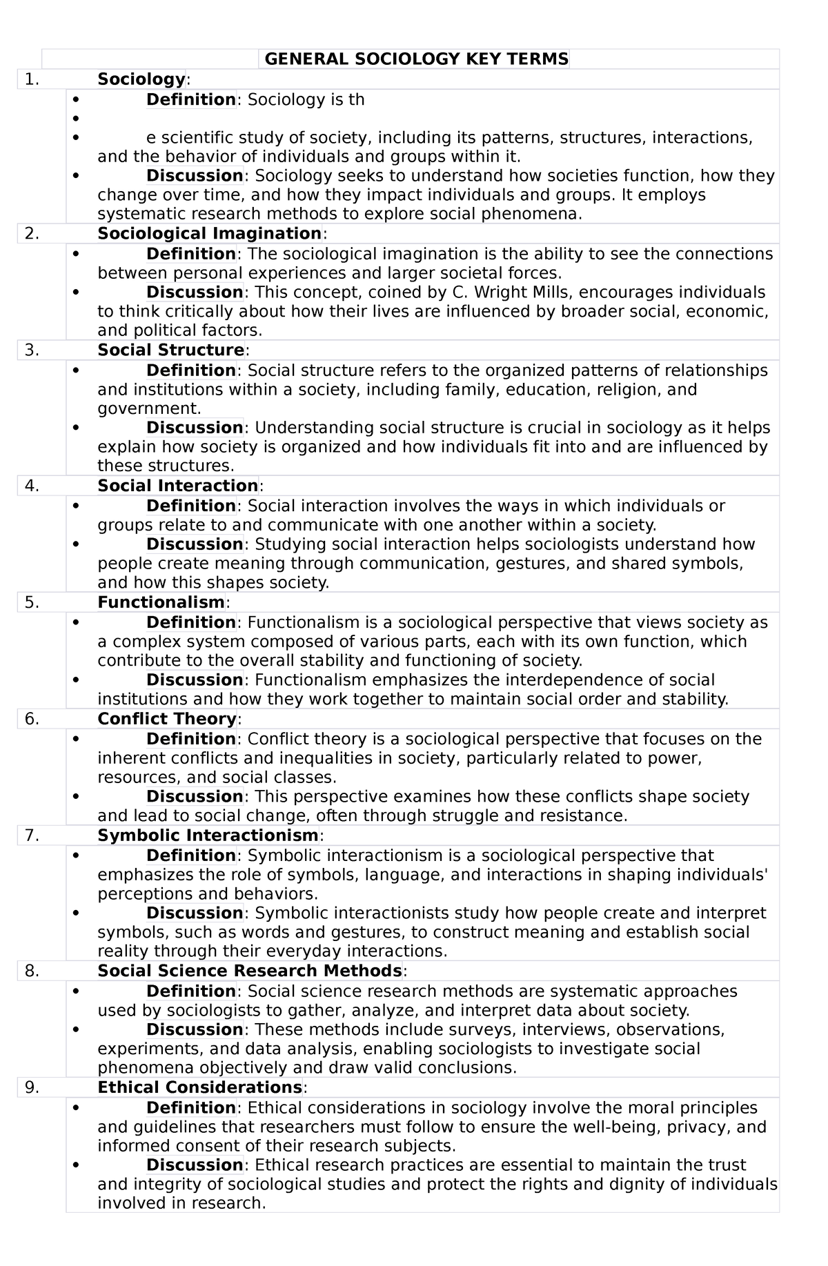 General Sociology KEY Terms - GENERAL SOCIOLOGY KEY TERMS Sociology ...