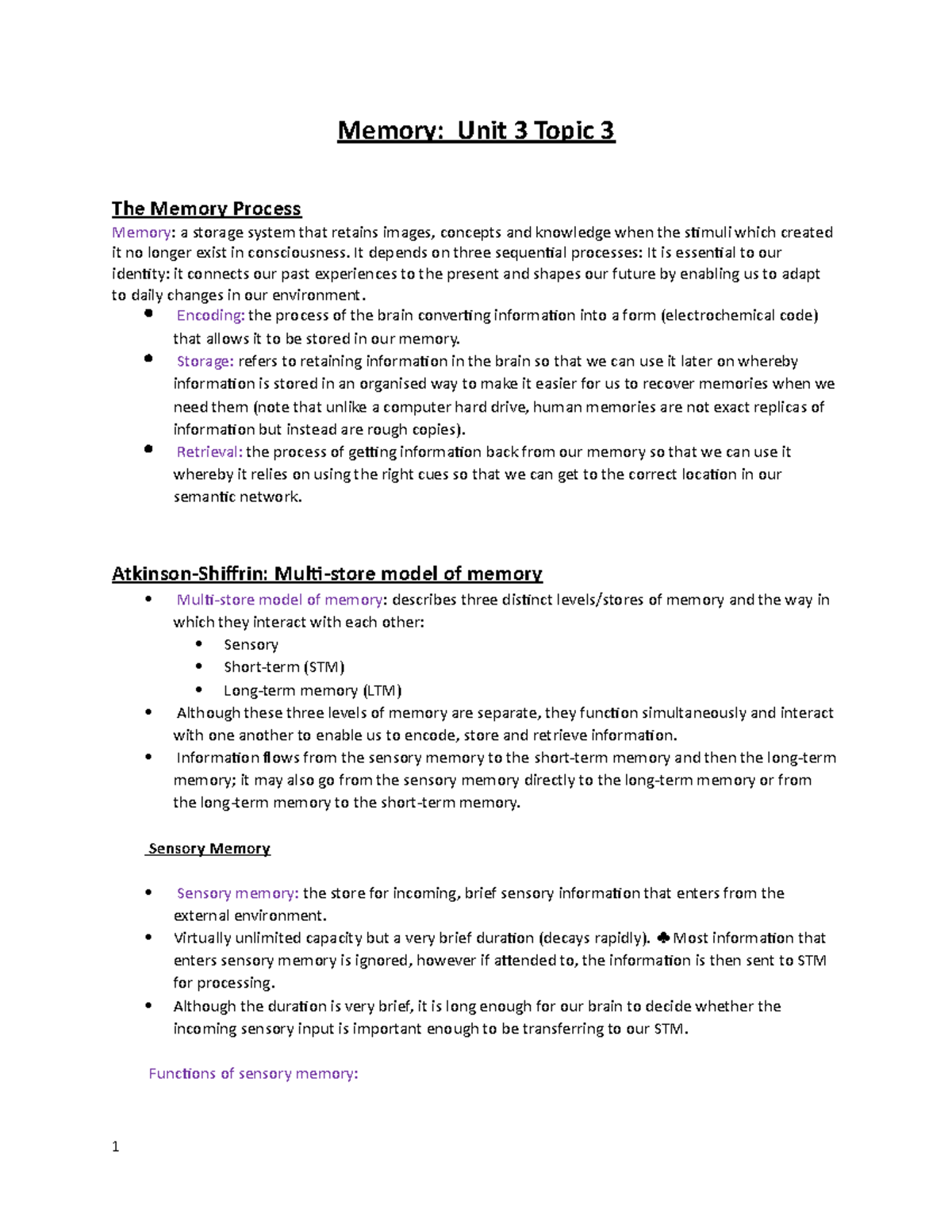 Memory- Unit 3 Notes- Condensed Based - Memory: Unit 3 Topic 3 The ...