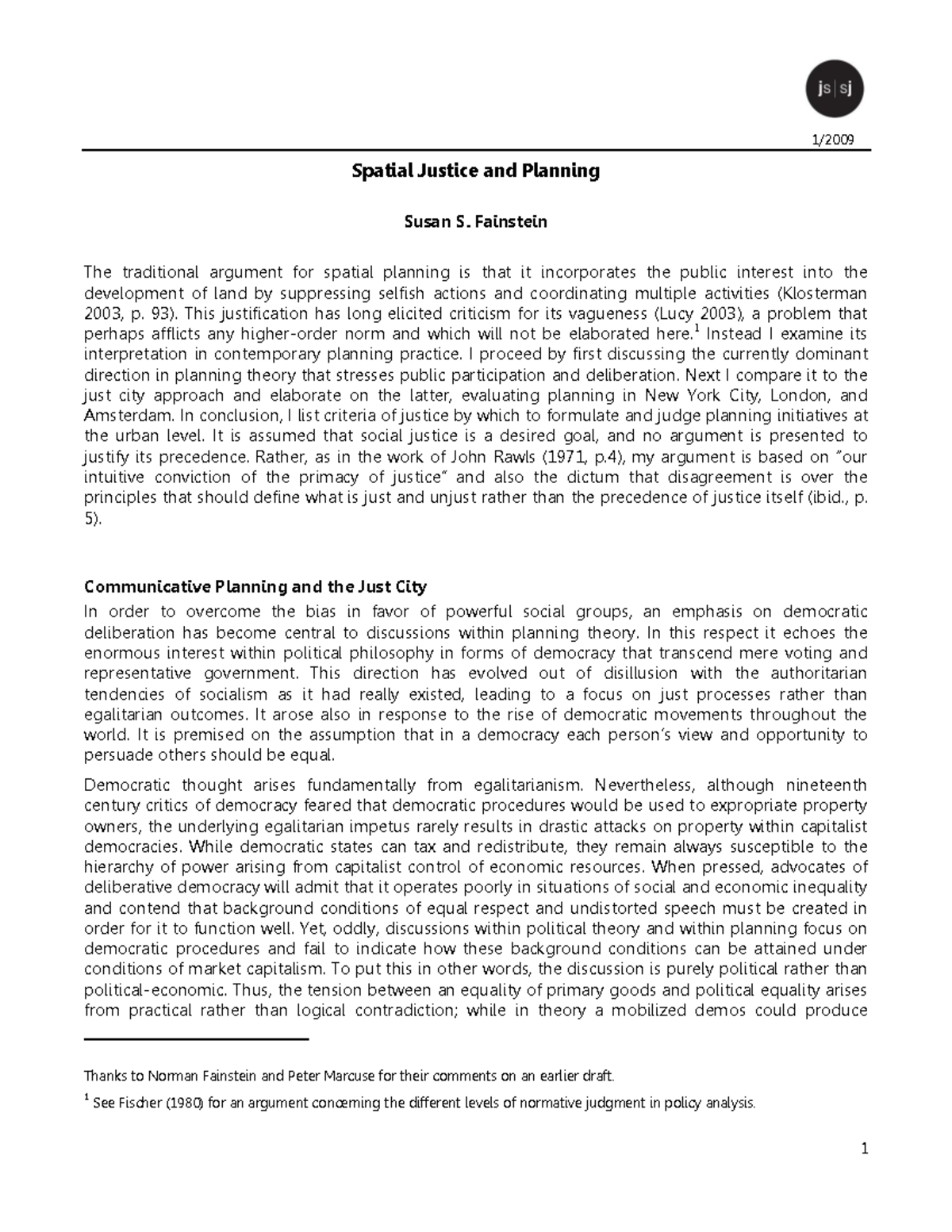 Spatial Justice And Planning Susan S. Fainstein - Spatial Justice And ...