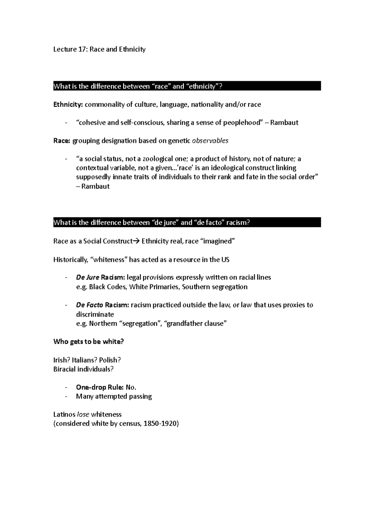 Lecture 17 - Lecture 17: Race and Ethnicity What is the difference