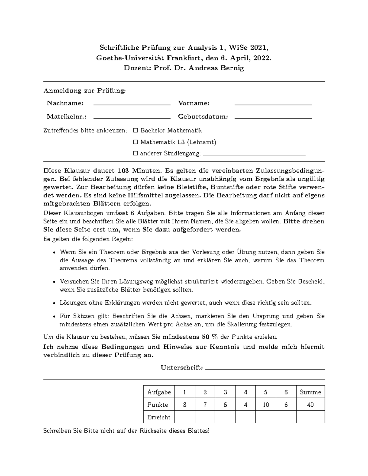 Analysis 1 Nachklausur Loesungen - Schriftliche Prüfung Zur Analysis 1 ...