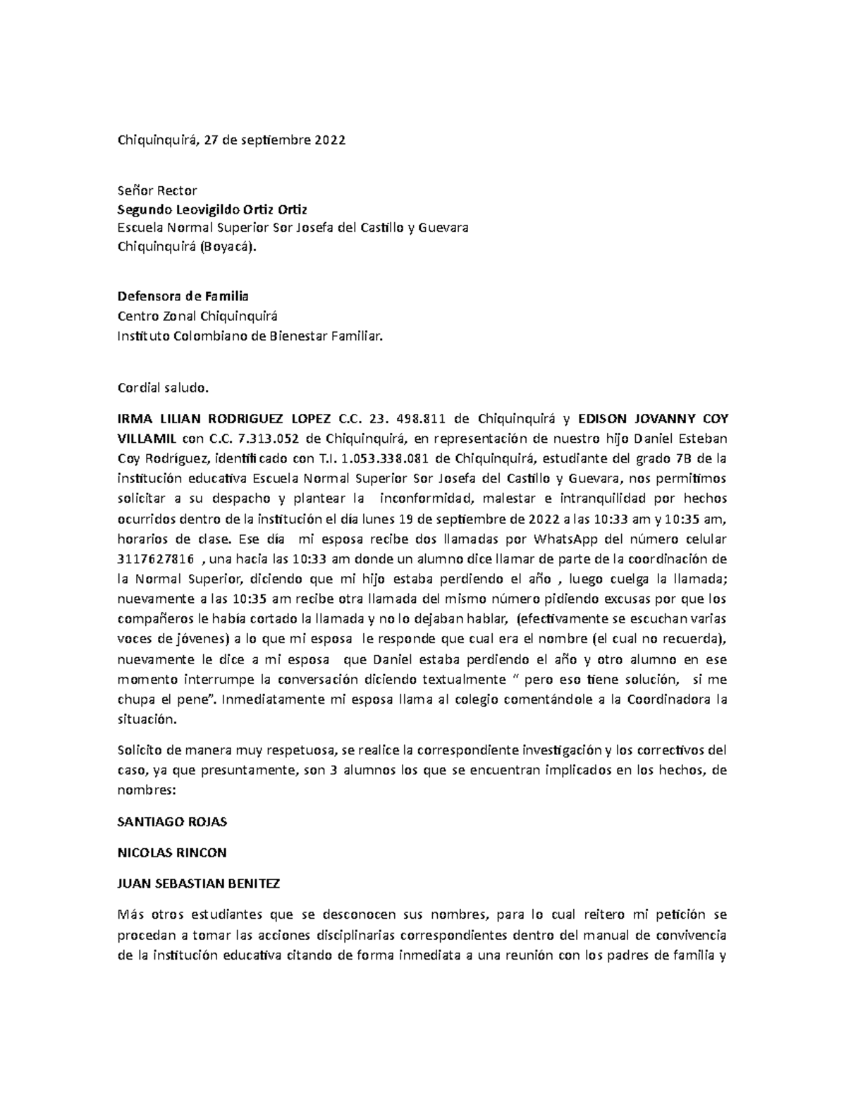 Solicitud Normal - Chiquinquirá, 27 de septiembre 2022 Señor Rector ...