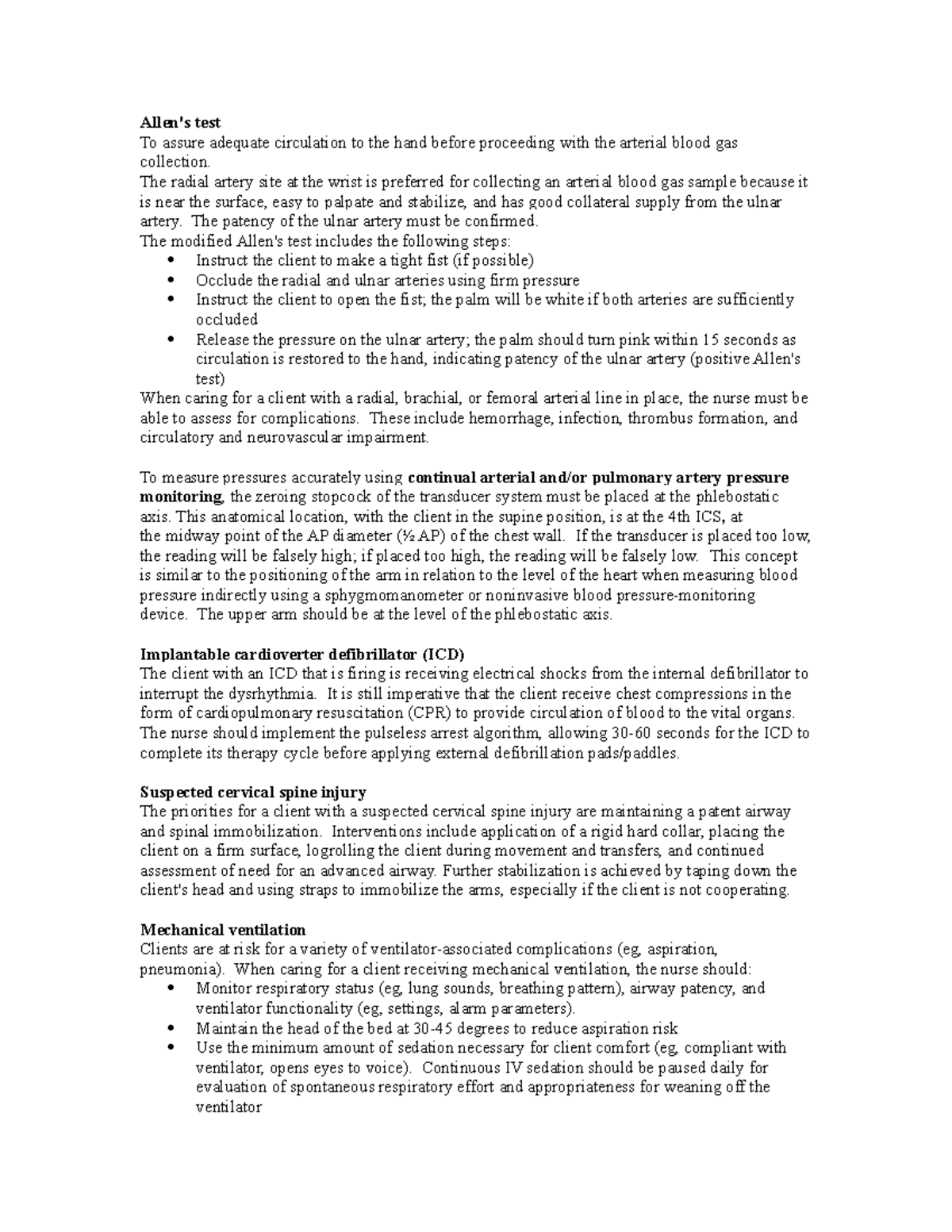 Critical Care - Allen's test To assure adequate circulation to the hand ...