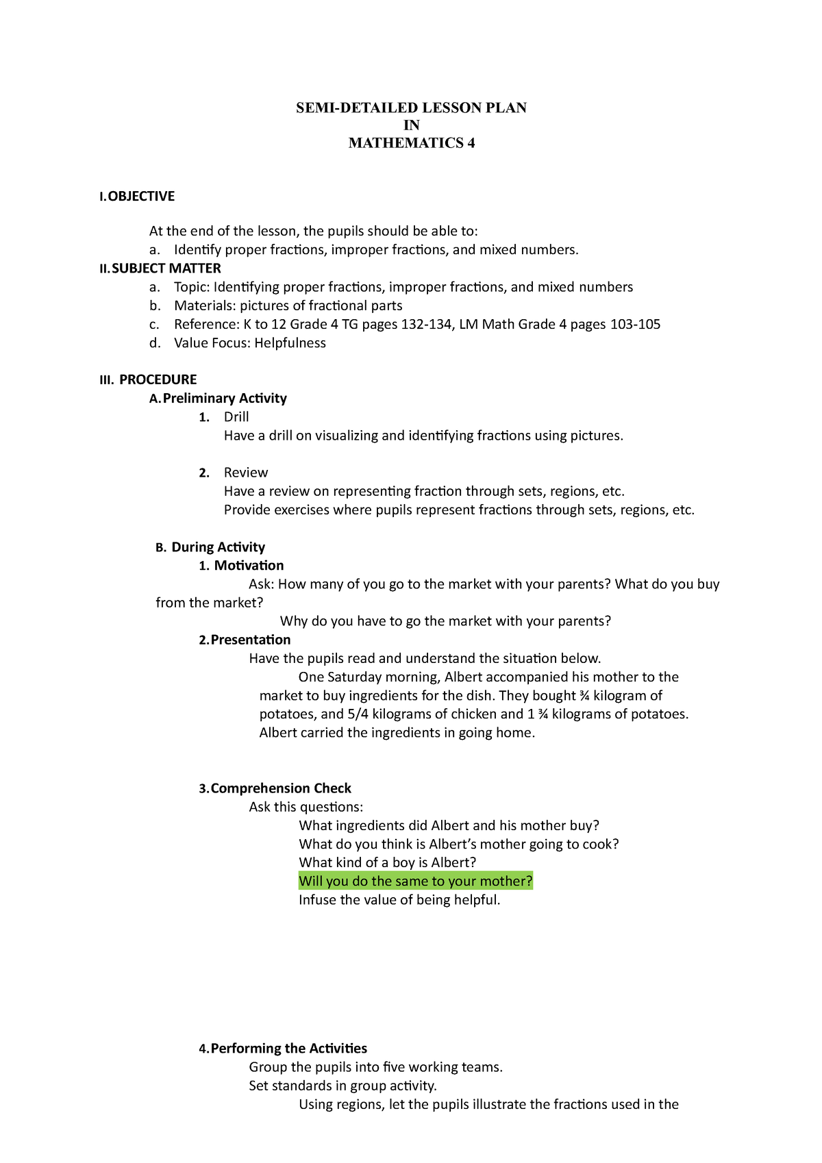 Lesson Plan 1 Kinds Of Fraction Lesson Plan In Mathematics Elementary Semi Detailed 0075