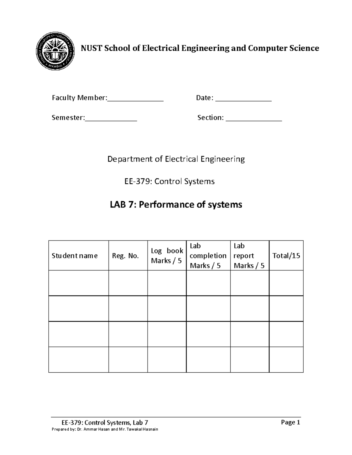 Control Systems Lab 07 No. Log book Marks / 5 Lab completion Marks
