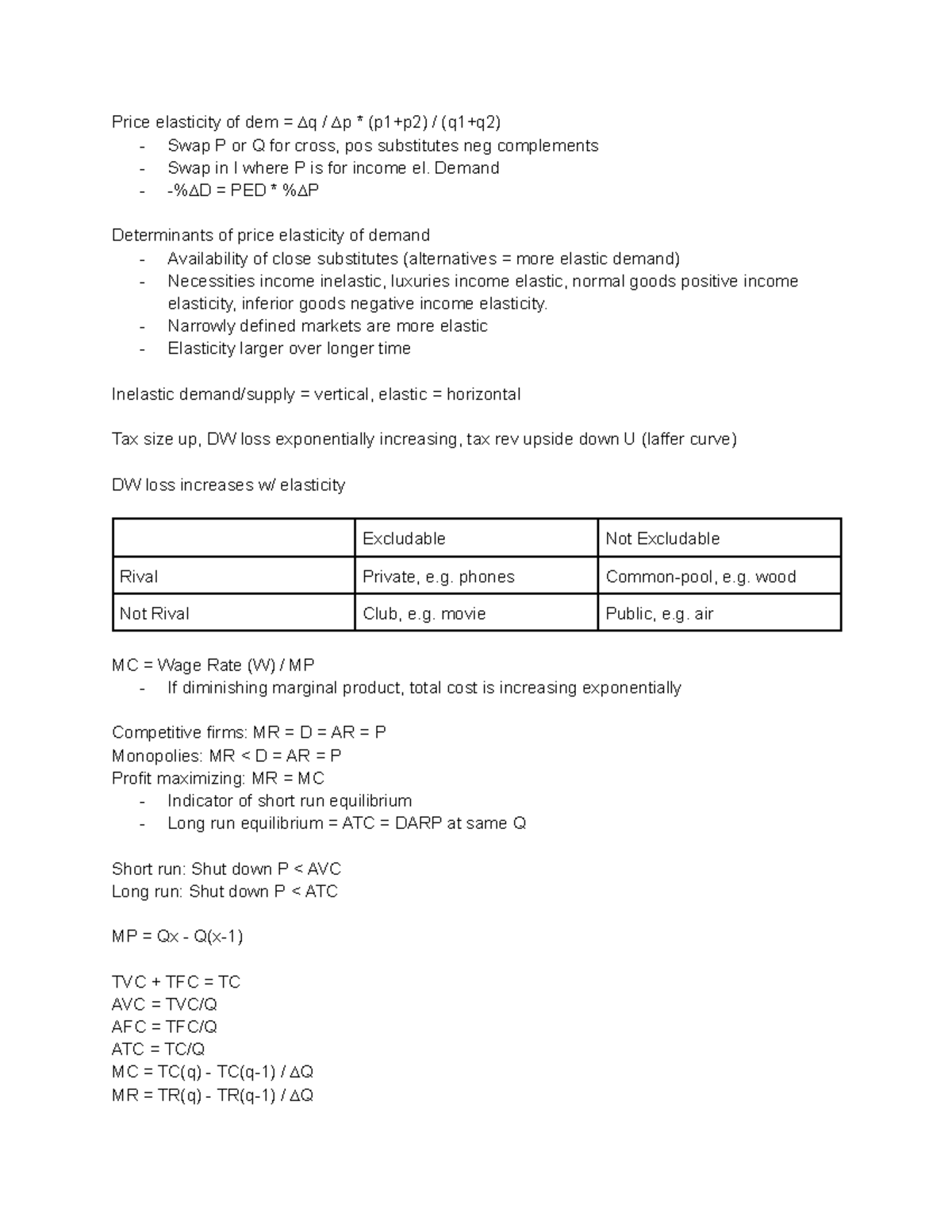 EC 101 Final Study Guide - Price elasticity of dem = ∆q / ∆p * (p1+p2 ...
