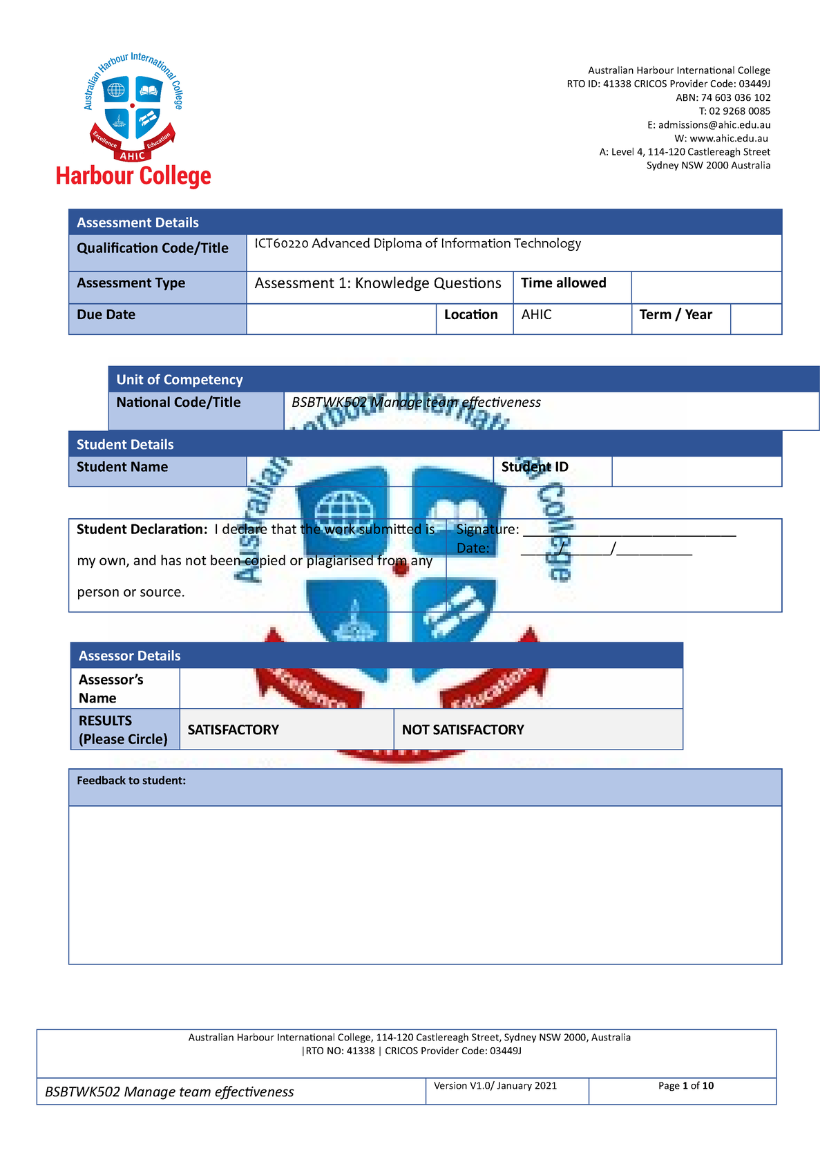 Bsbtwk 502 Assessment 1-1 - RTO ID: 41338 CRICOS Provider Code: 03449J ...