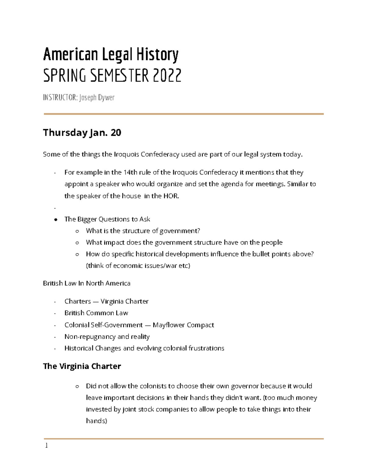 Week 1 Class Notes for American Legal History I - American Legal ...
