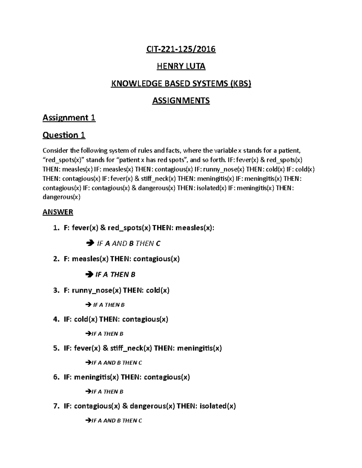 Henry LUTA KBS Assignment - CIT-221-125/ HENRY LUTA KNOWLEDGE BASED ...