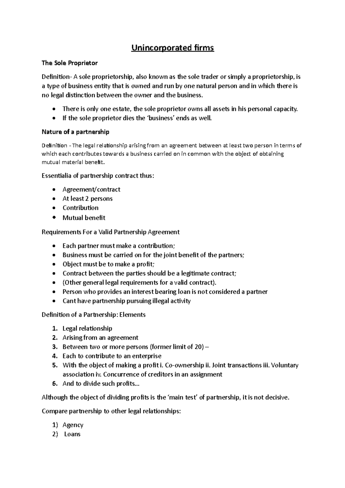 Unincorporated firms Notes Unincorporated firms The Sole Proprietor