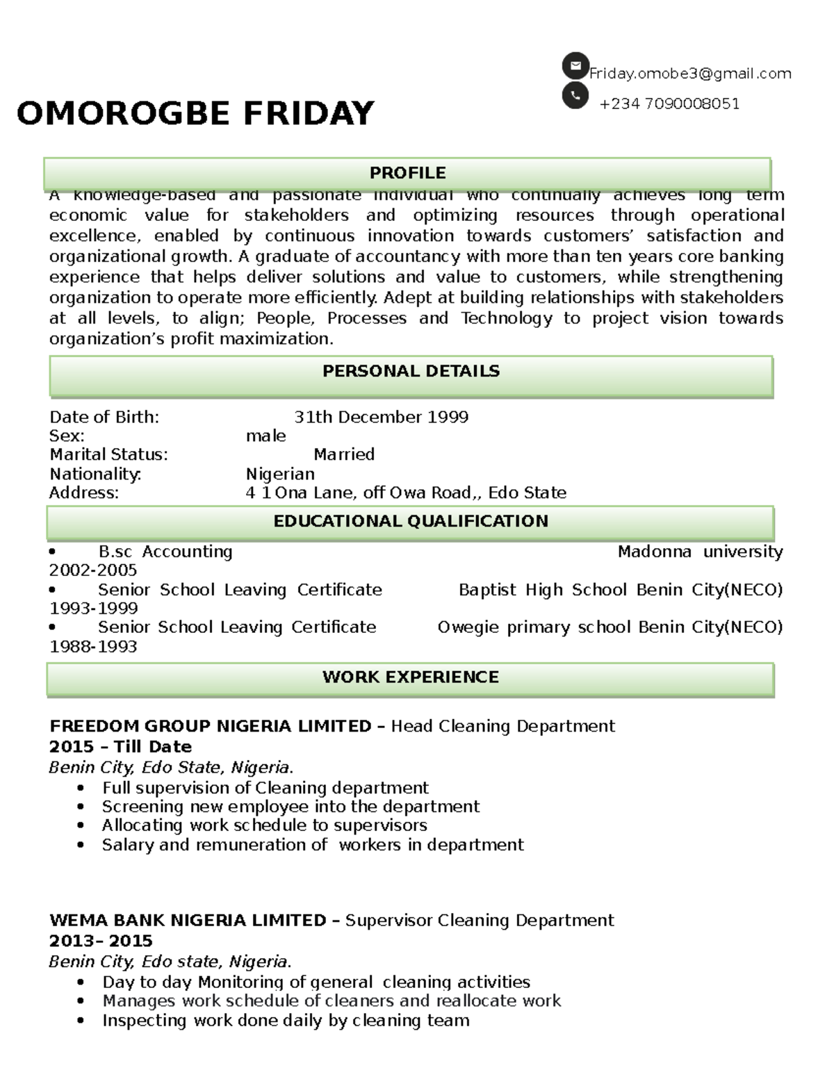 Friday Cleaning CV - A knowledge-based and passionate individual who ...