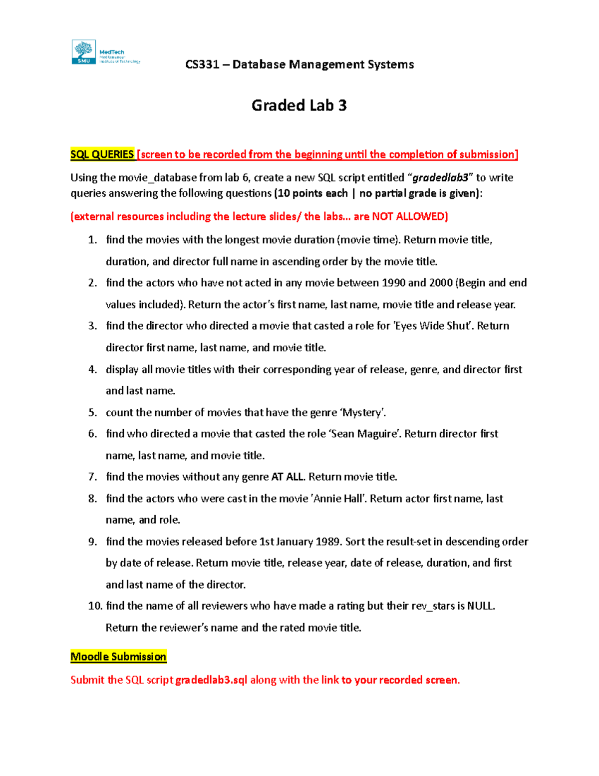 Graded Lab 3 sql assignment Graded Lab 3 SQL QUERIES [screen to be