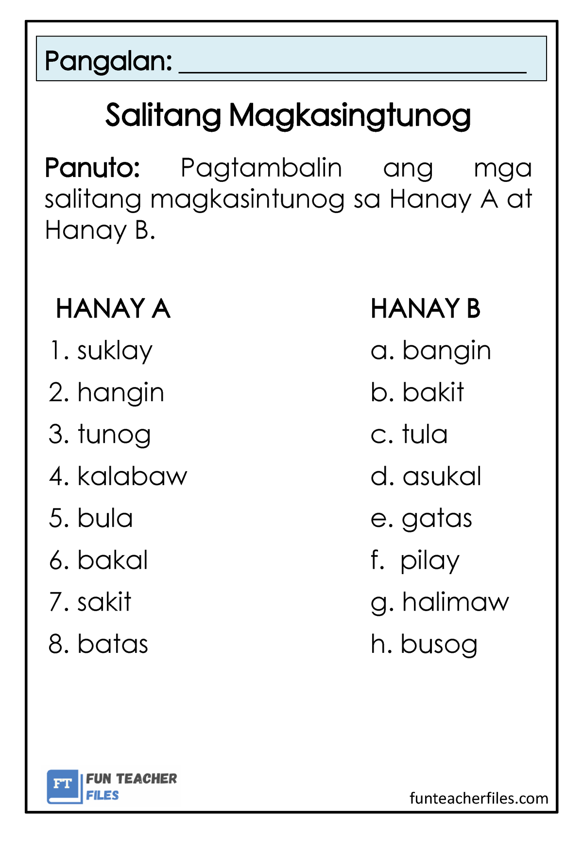 Salitang Magkasingtunog Worksheets Set 1 FTF - funteacherfiles Pangalan