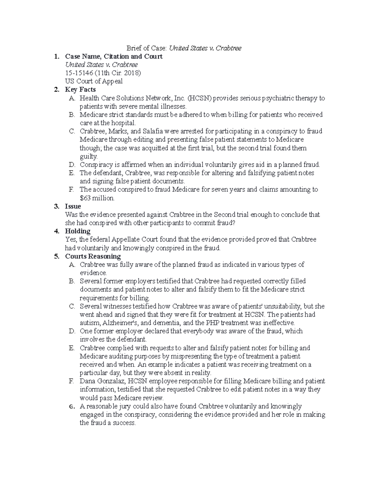 Case Brief Robert H. Cochran class. Brief of Case United States v