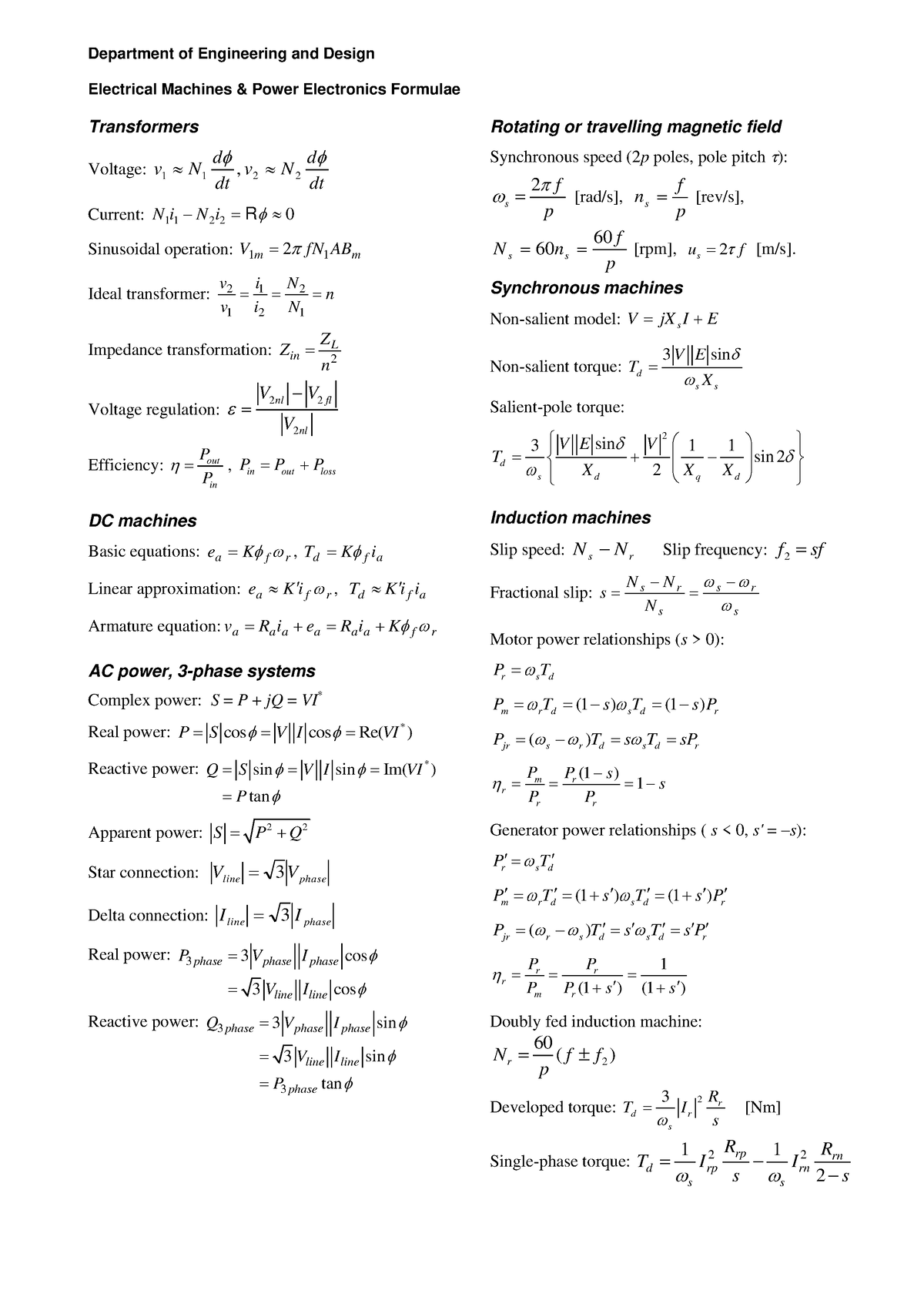 Formulae Empe - Formulas For Final Review - Department Of Engineering 