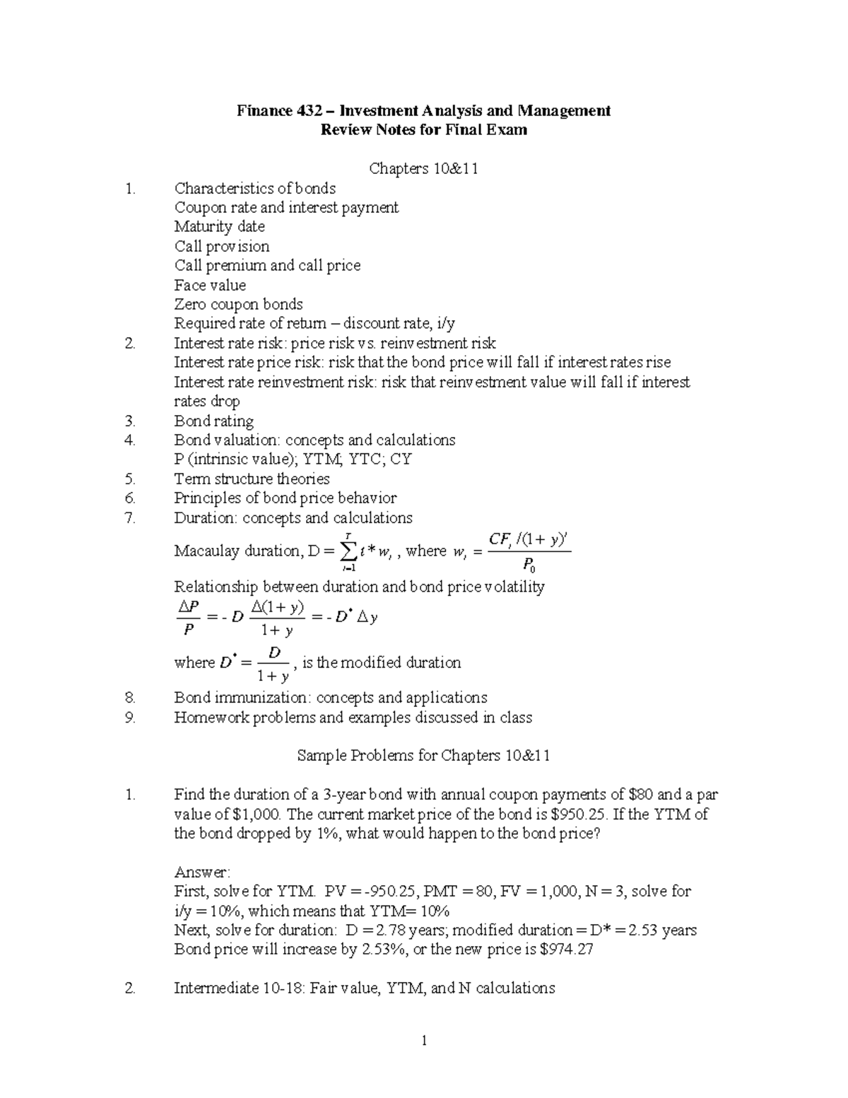 Review Notes Chapter 10 & 11 Investment Analysis - Finance 432 ...