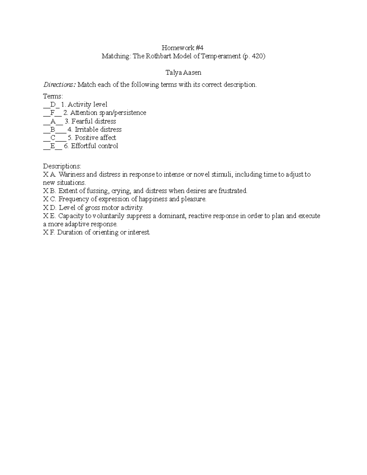 Homework 4 - The Rothbart Model of Temperament - Homework #4 Matching ...