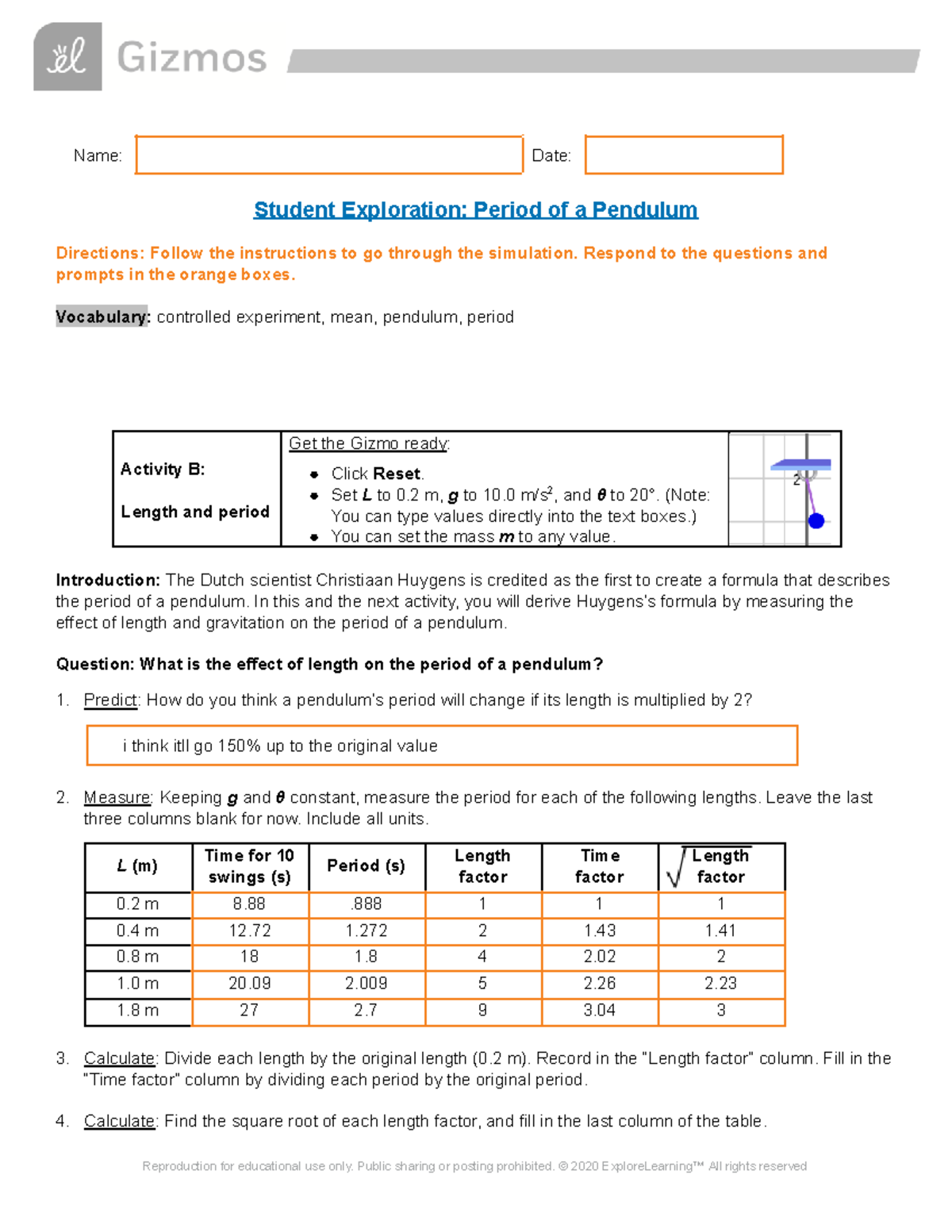 Copy Of Copy Of Gizmo Period Pendulum B - Name: Date: Student ...