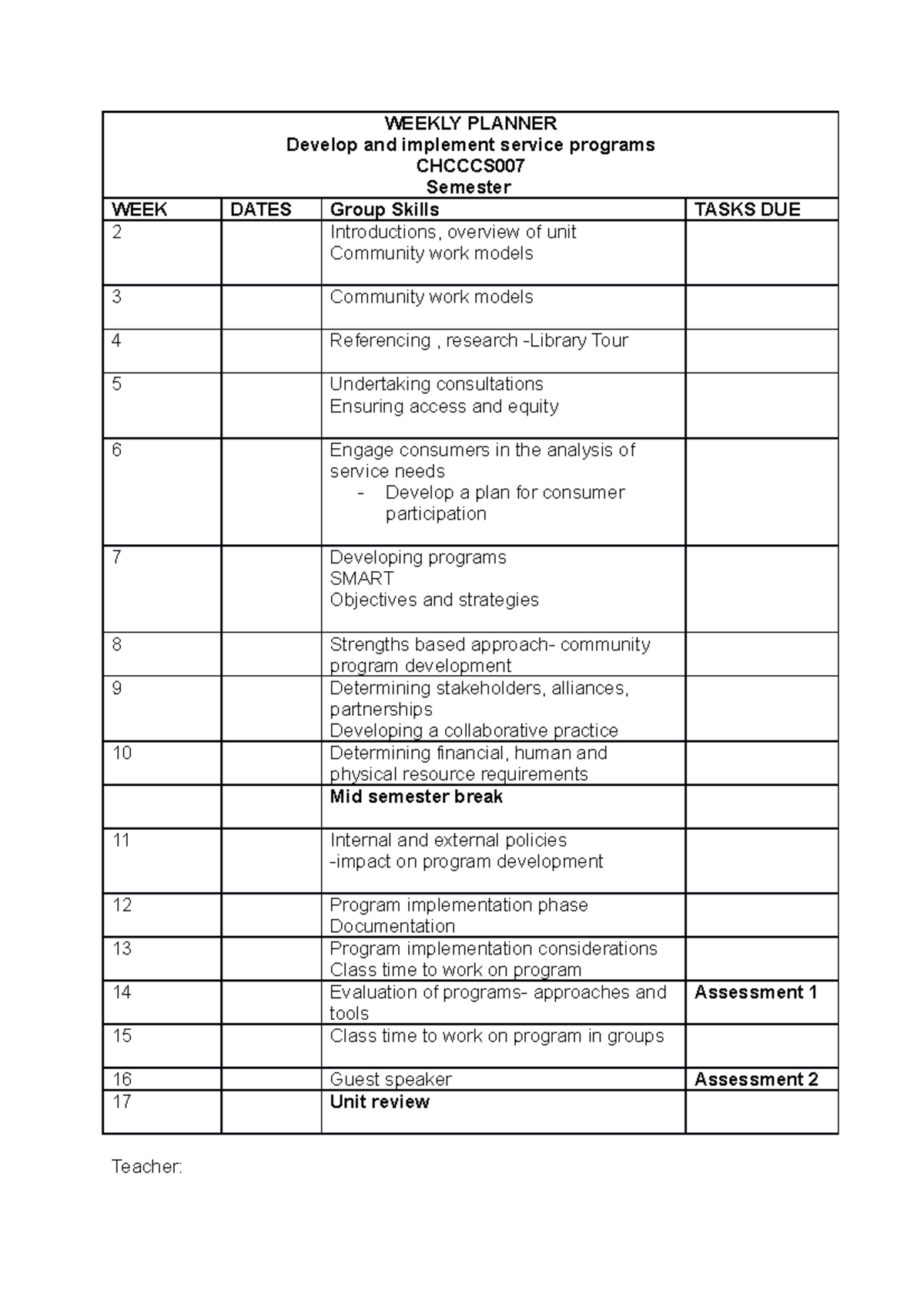 Weekly planner - WEEKLY PLANNER Develop and implement service programs ...