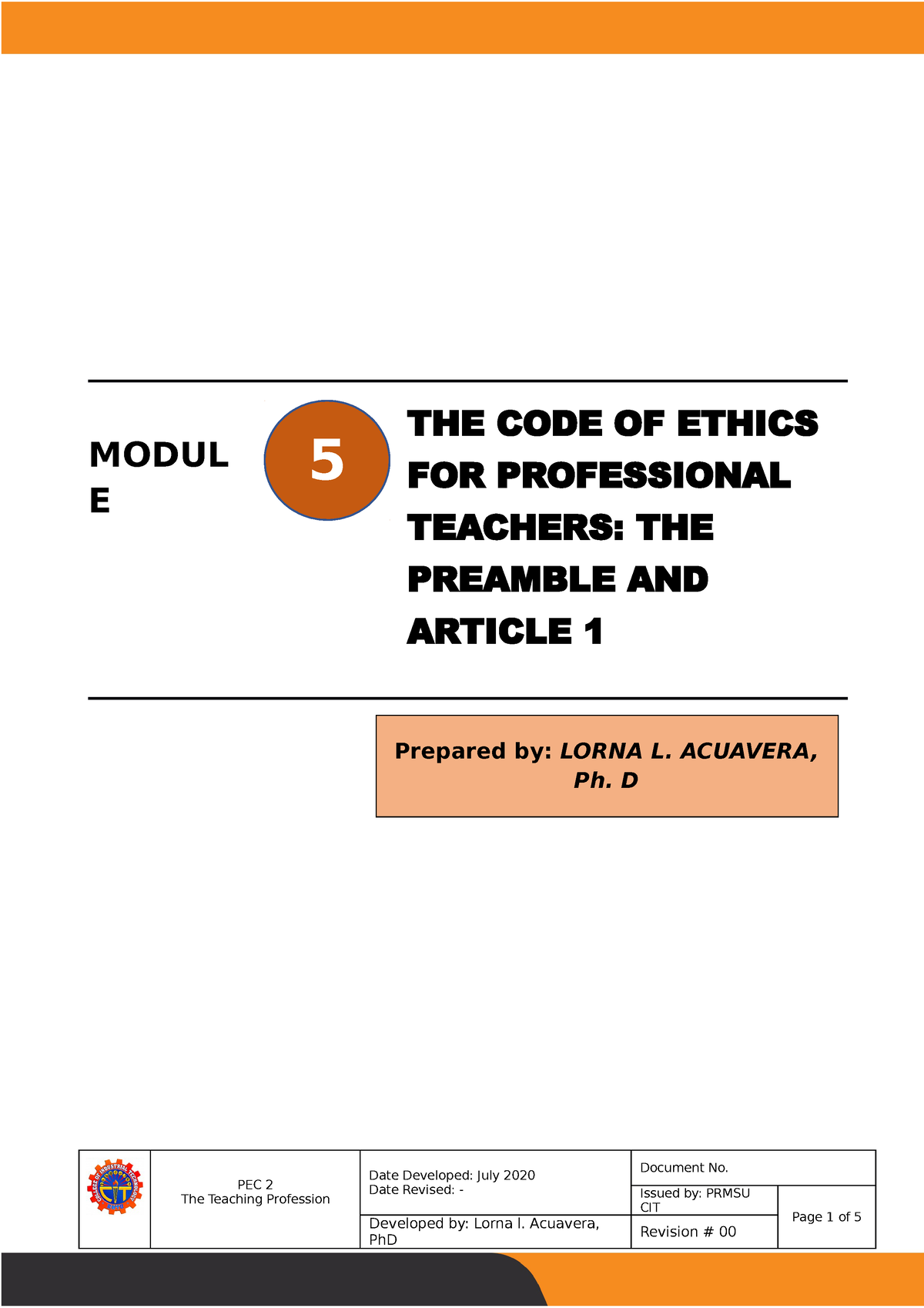Module 5 The Code Of Ethics For Professional Teachers The Preamble And