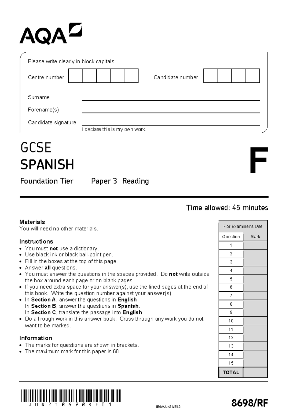 Question paper (Foundation) Paper 3 Reading - November 2021 ...