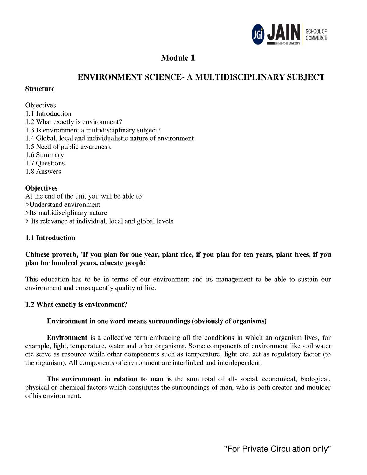 EVS Module 1 - Study Material - Module 1 ENVIRONMENT SCIENCE- A ...