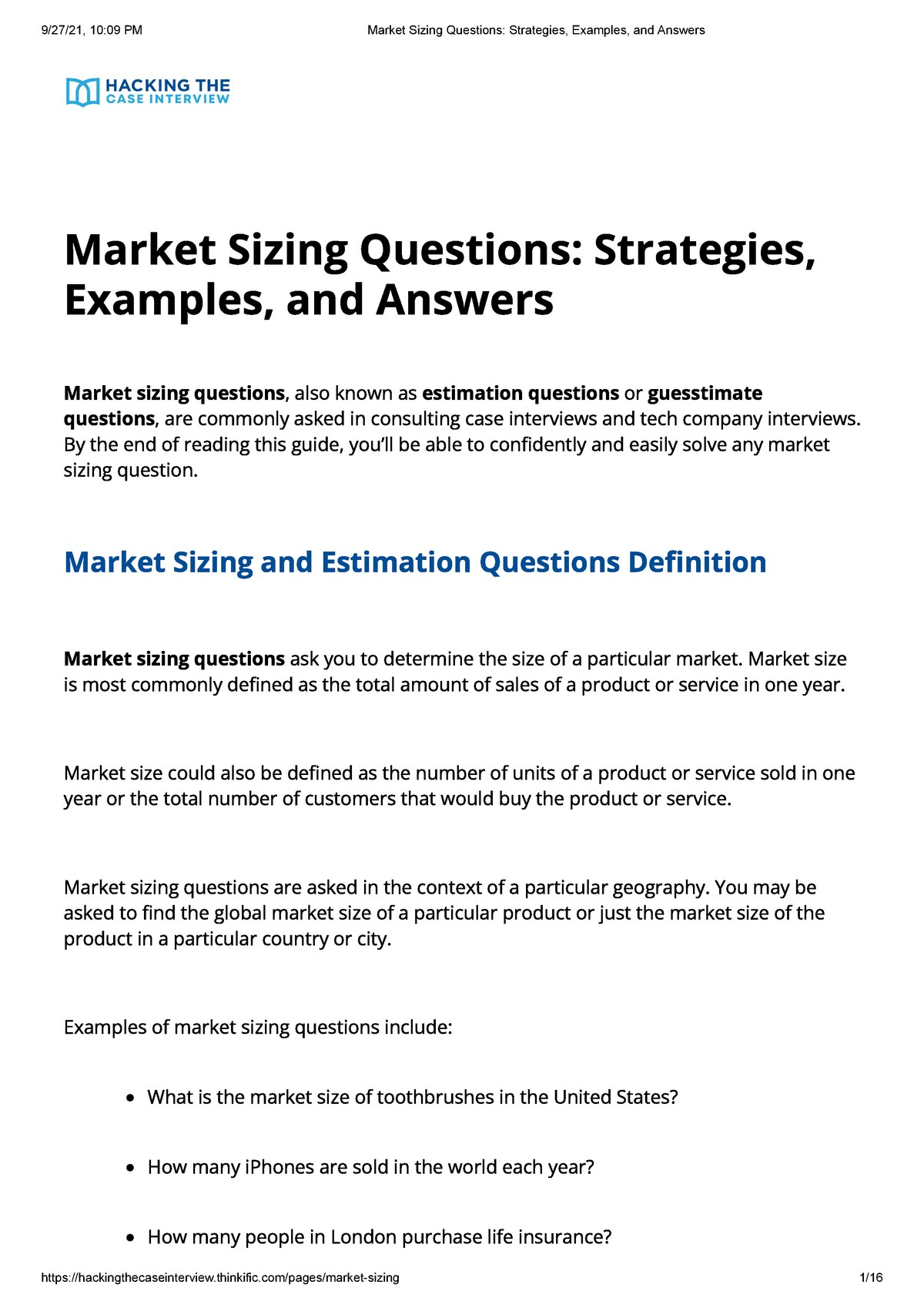 Market Sizing Questions Strategies, Examples, And Answers - IMBA - Studocu