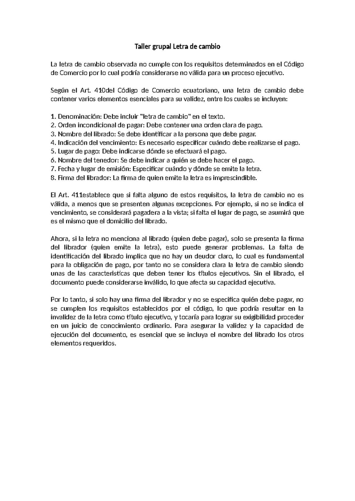 Taller grupal Letra de cambio - Según el Art. 410del Código de Comercio ...