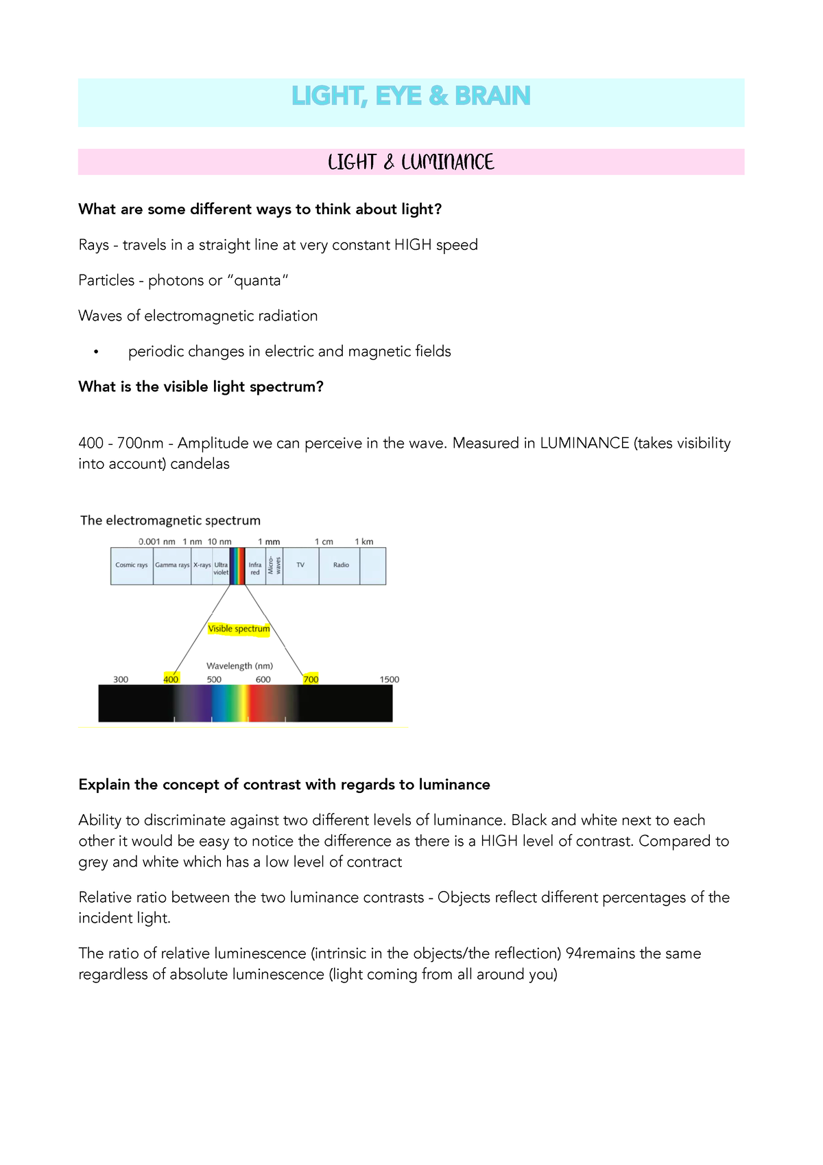 Light, Eye & Brain - Lecture Notes From Perception Lectures And ...