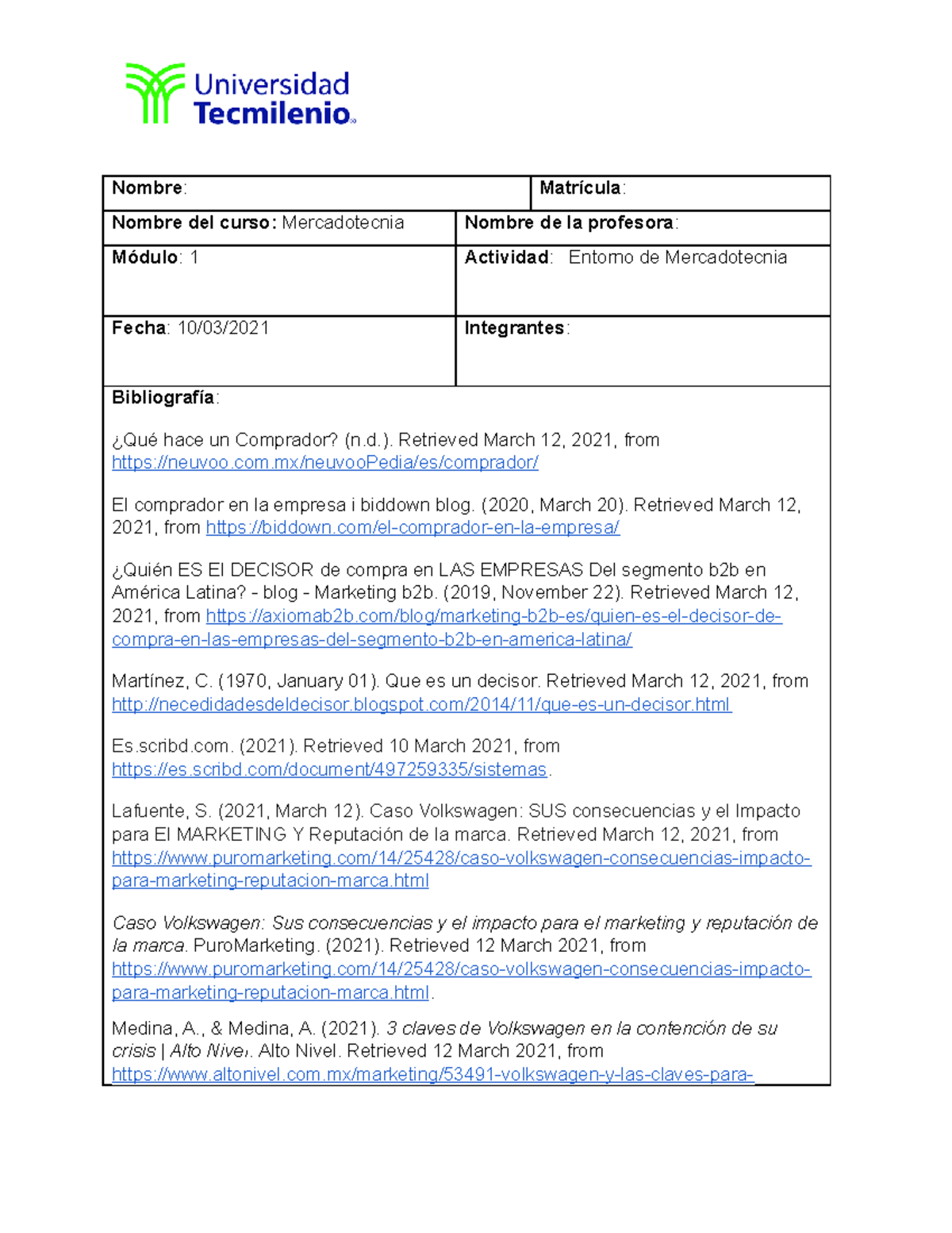 Mercadotencia Actividad 5 - Nombre : Matrícula : Nombre del curso ...