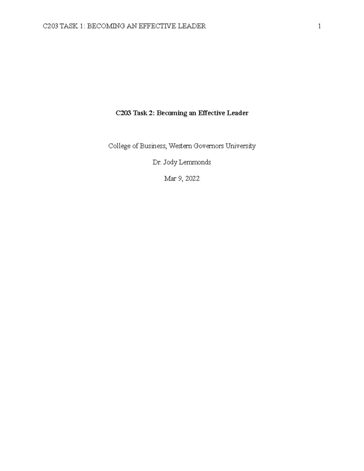 C203 Task 2 Passed - C203 Task 2: Becoming An Effective Leader College ...