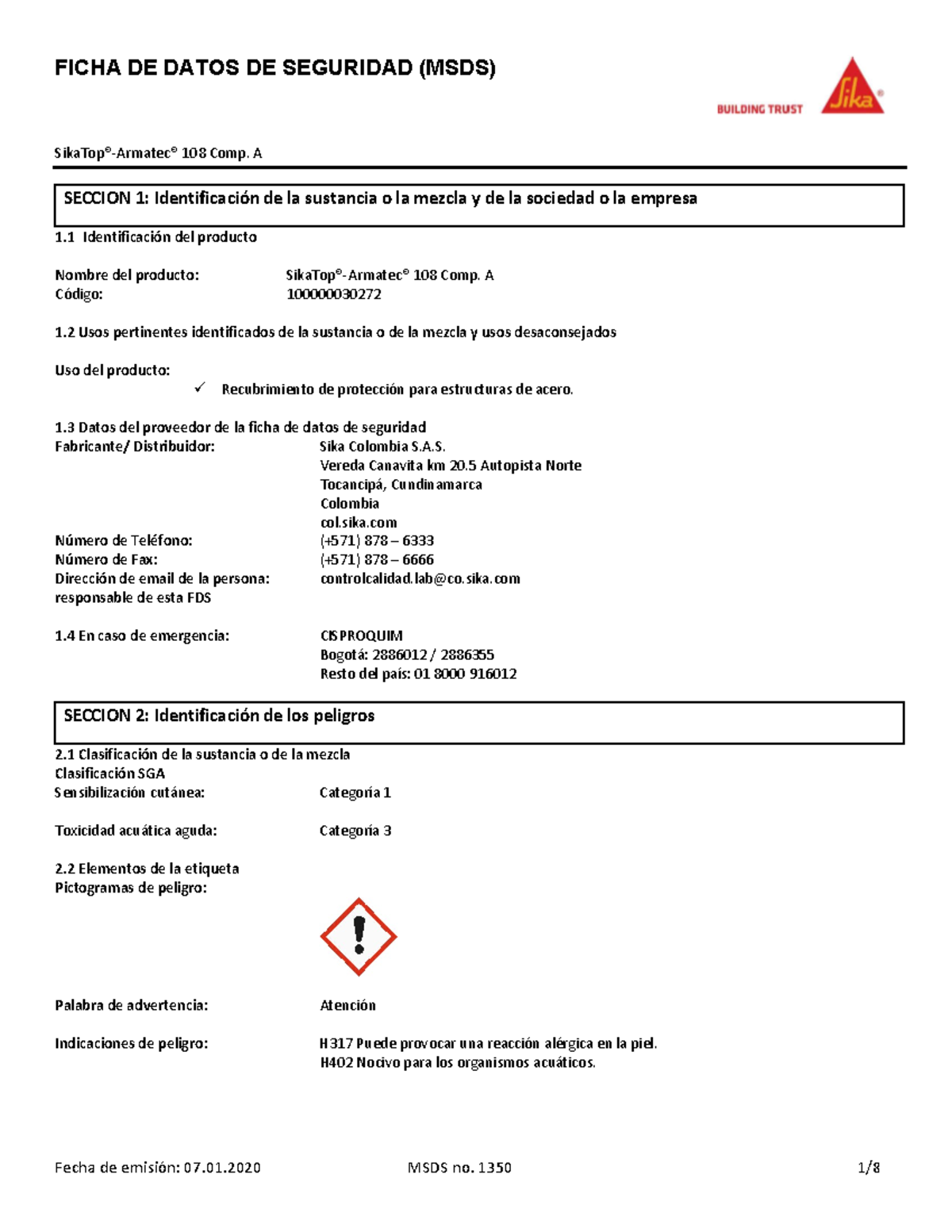 Co-hs Sika Top Armatec 108 - FICHA DE DATOS DE SEGURIDAD (MSDS) SikaTop ...