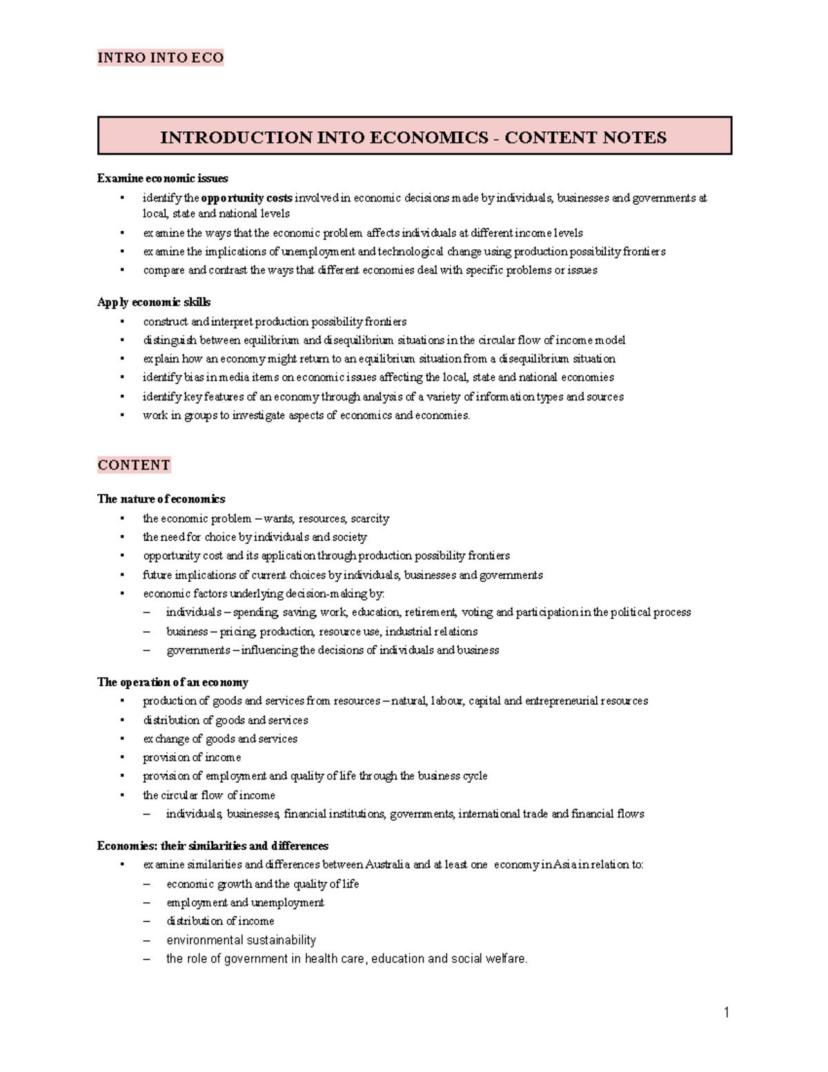 Introduction into economics Content notes - INTRODUCTION INTO ECONOMICS ...