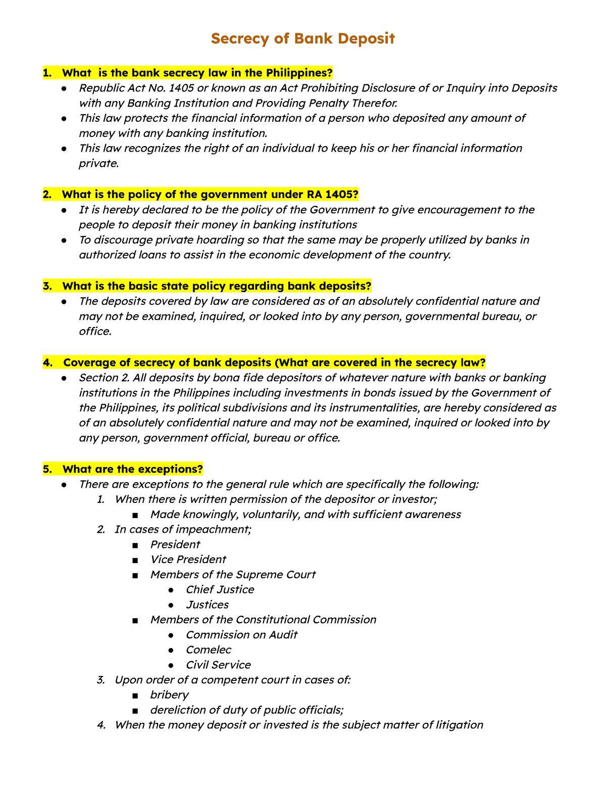 Law Outline (Bank Secrecy Act) - Secrecy Of Bank Deposit What Is The ...