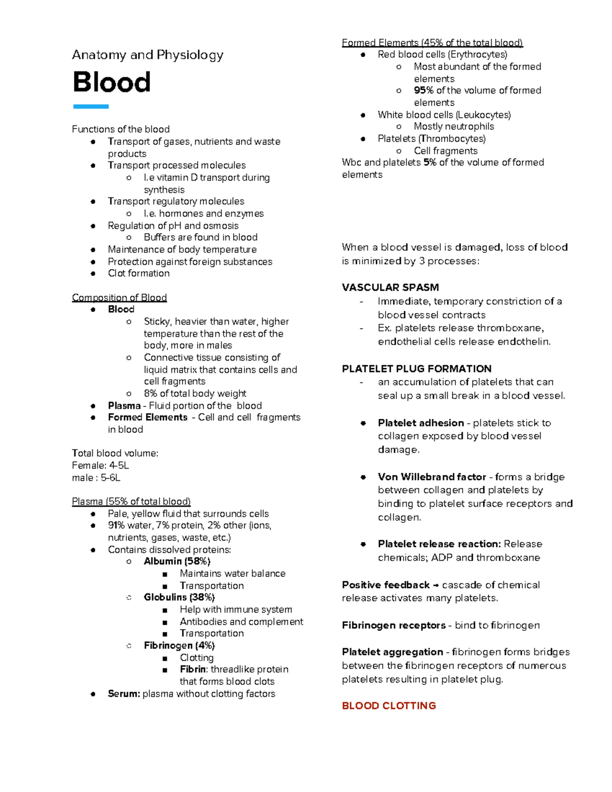 Blood - Summary Seeley's Essentials Of Anatomy And Physiology - Anatomy 