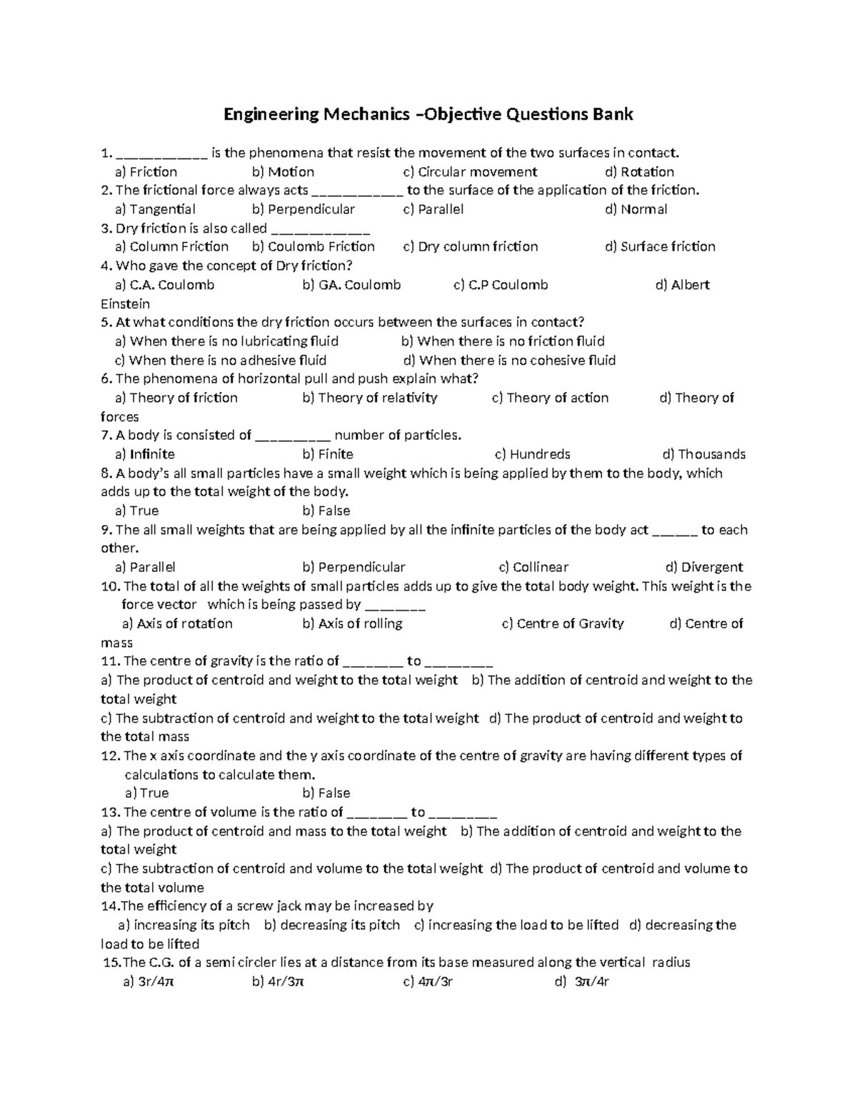 EM Objective Question Bank - Engineering Mechanics –Objective Questions ...