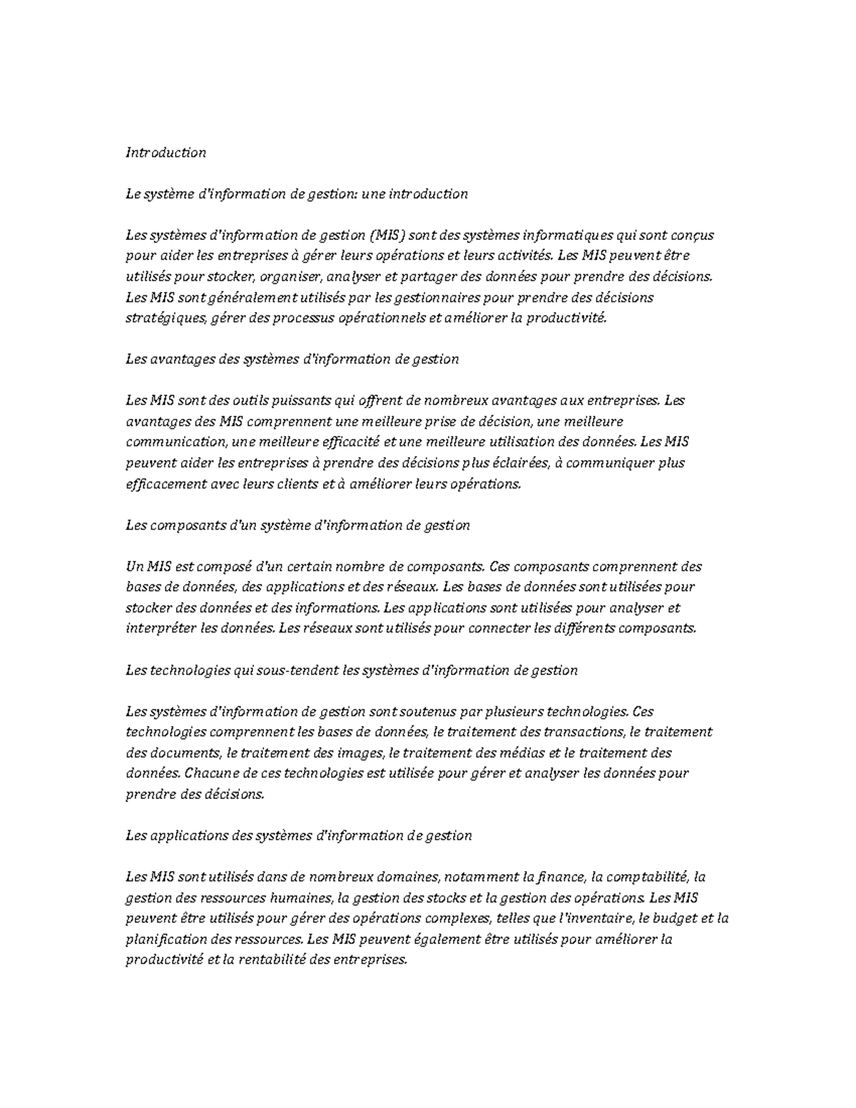 Management Information Systems Study Notes - Introduction Le système d ...
