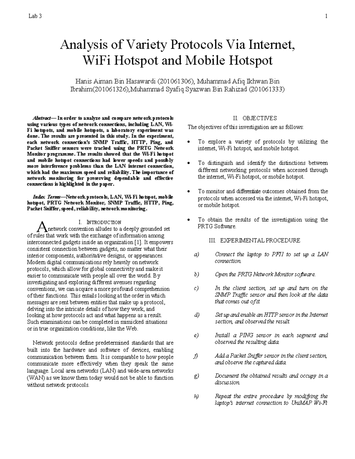 LAB 3 network communication A Analysis of Variety Protocols Via
