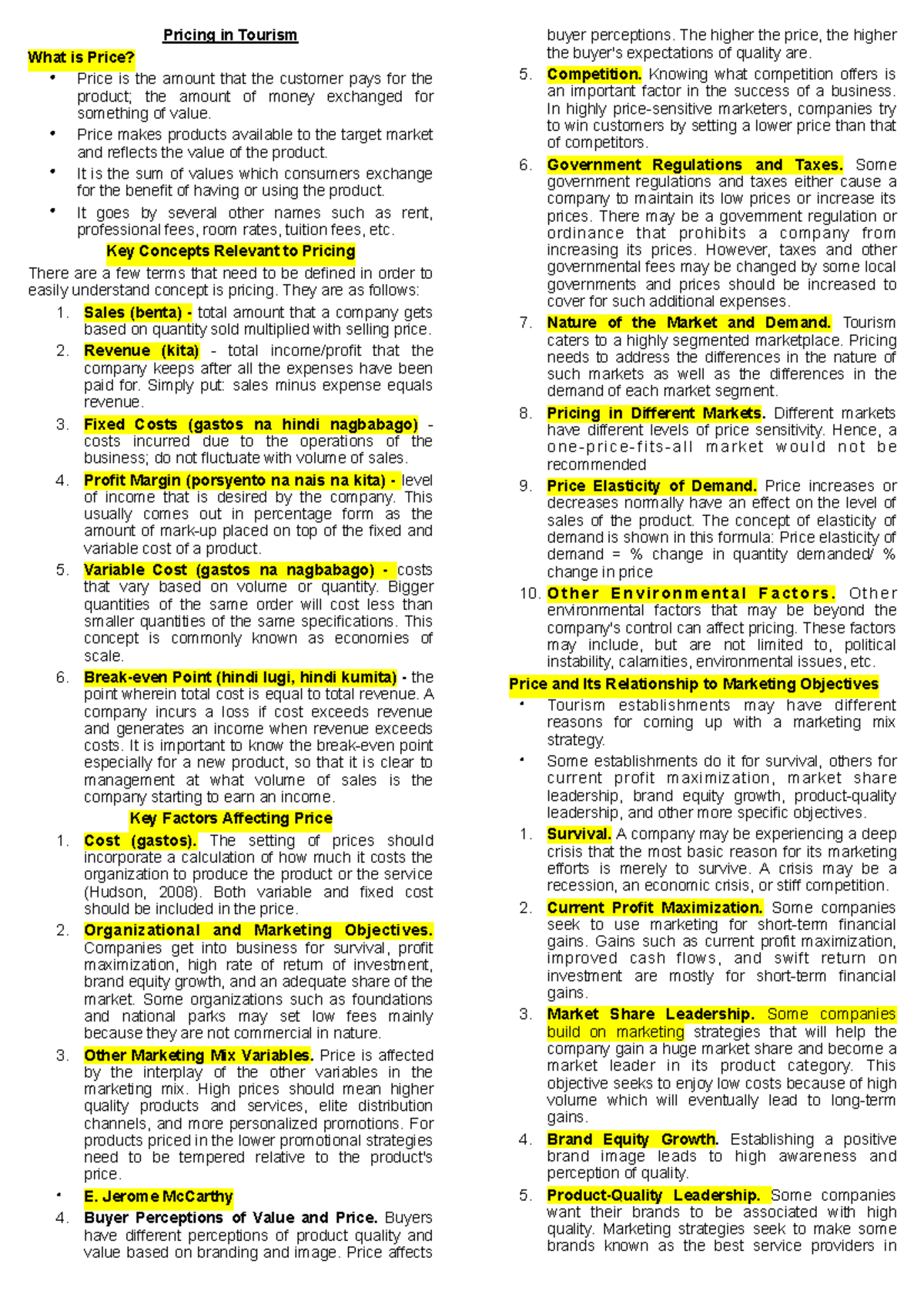 THM- Finals- Reviewer - wrgwf - Pricing in Tourism What is Price ...