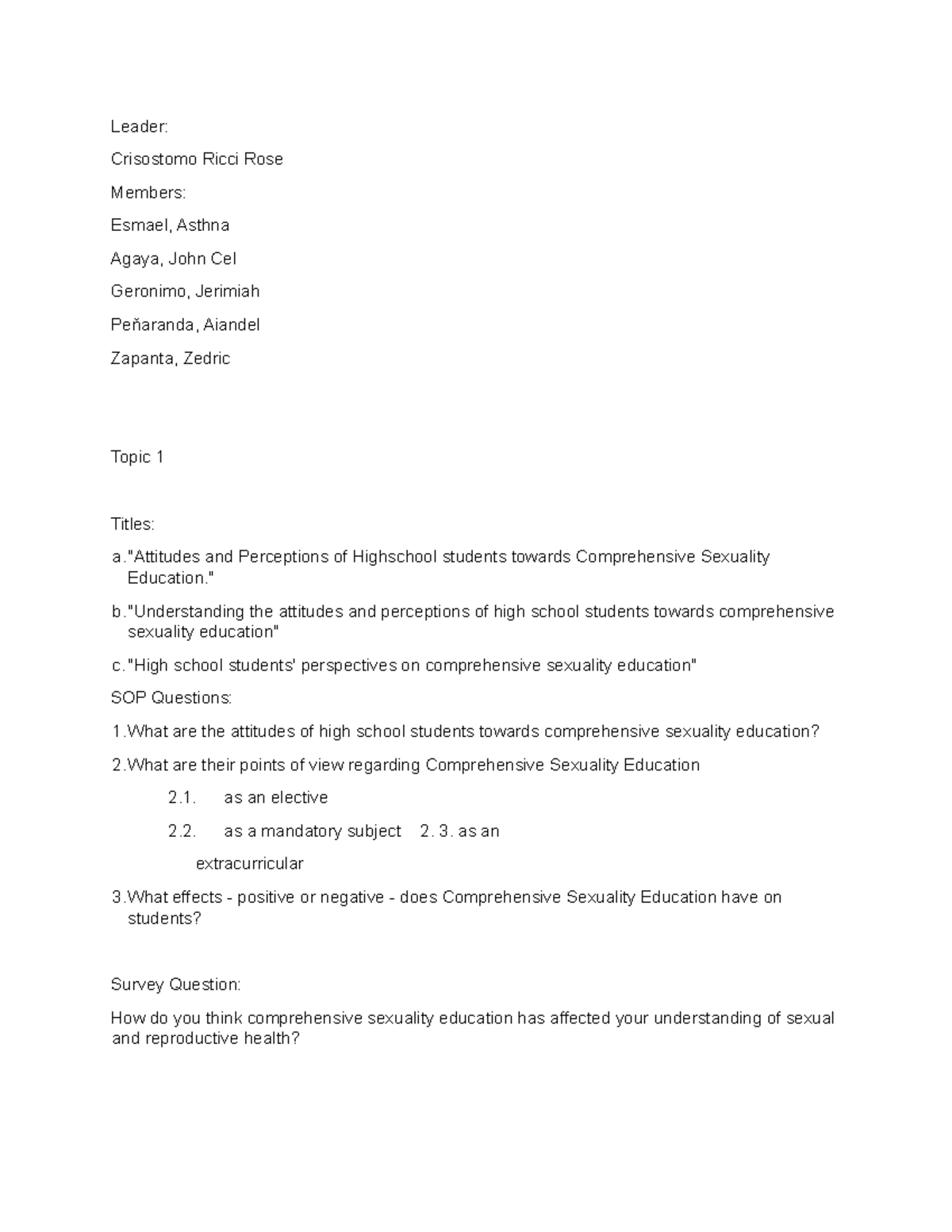 Research Title, Sop, survey questionnaire - Leader: Crisostomo Ricci ...