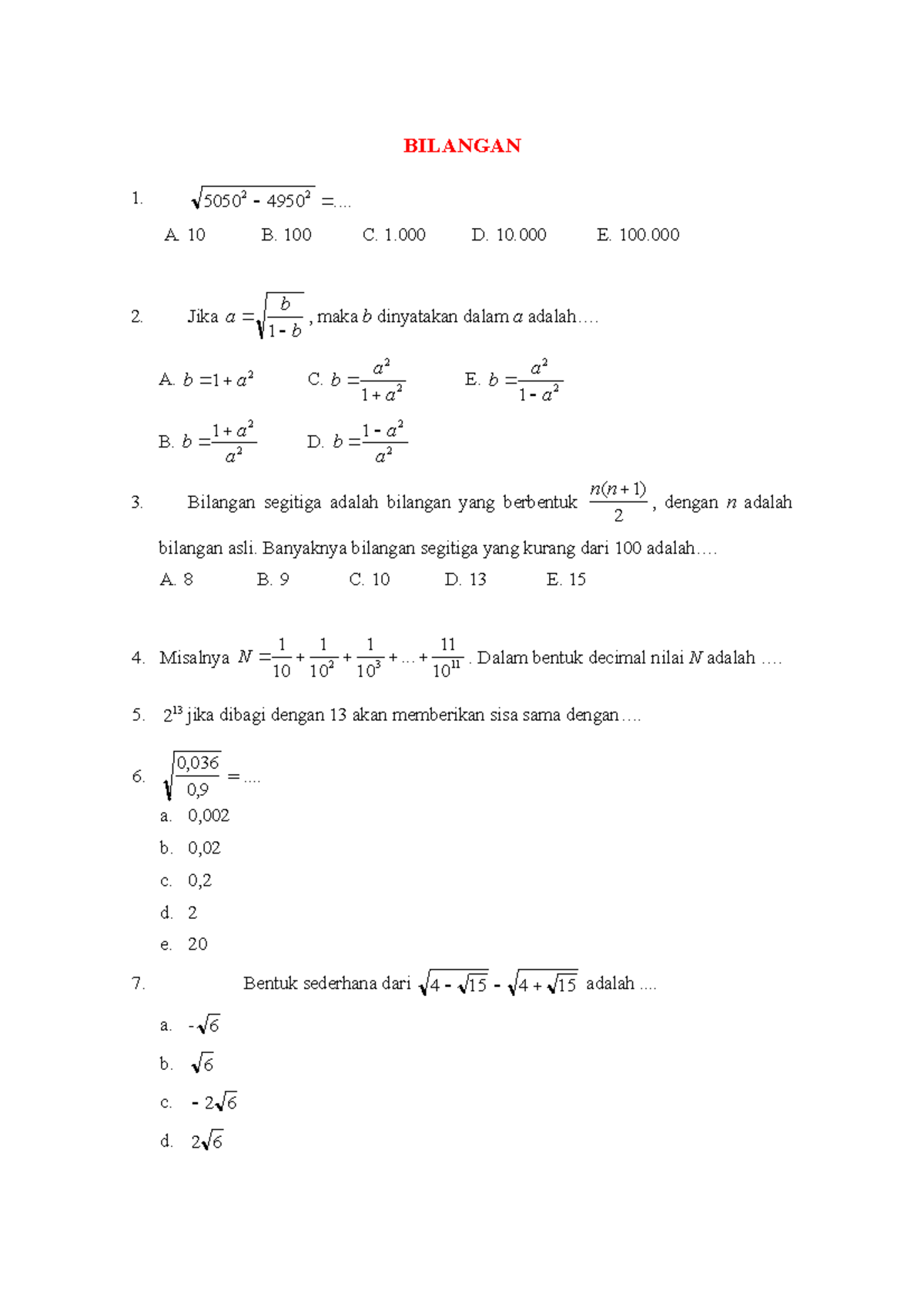 Latihan Soal Aljabar Dan Bilangan - BILANGAN 1. 5050 2 49502 .... A. 10 ...