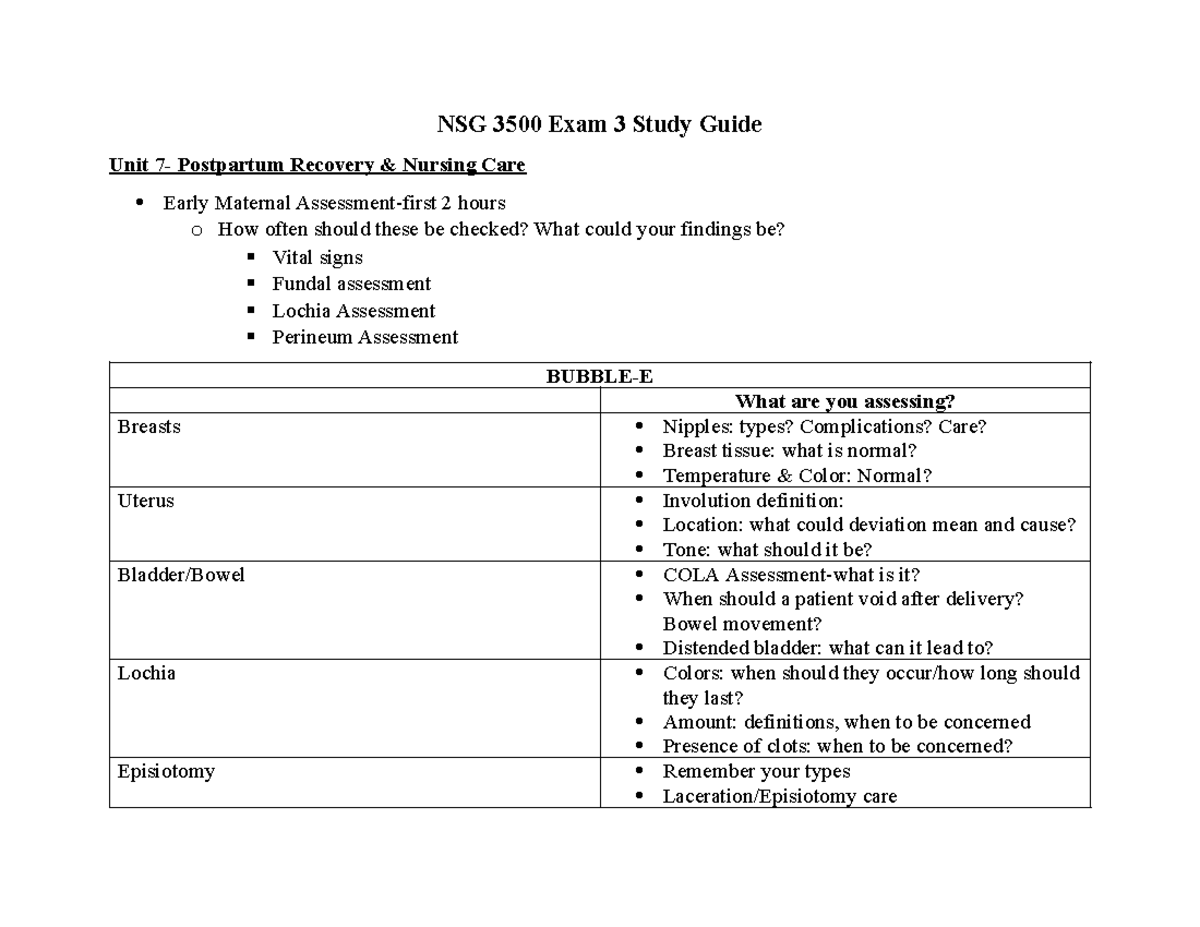 NSG 3500 Exam 3 Study Guide - NSG 3500 Exam 3 Study Guide Unit 7 ...