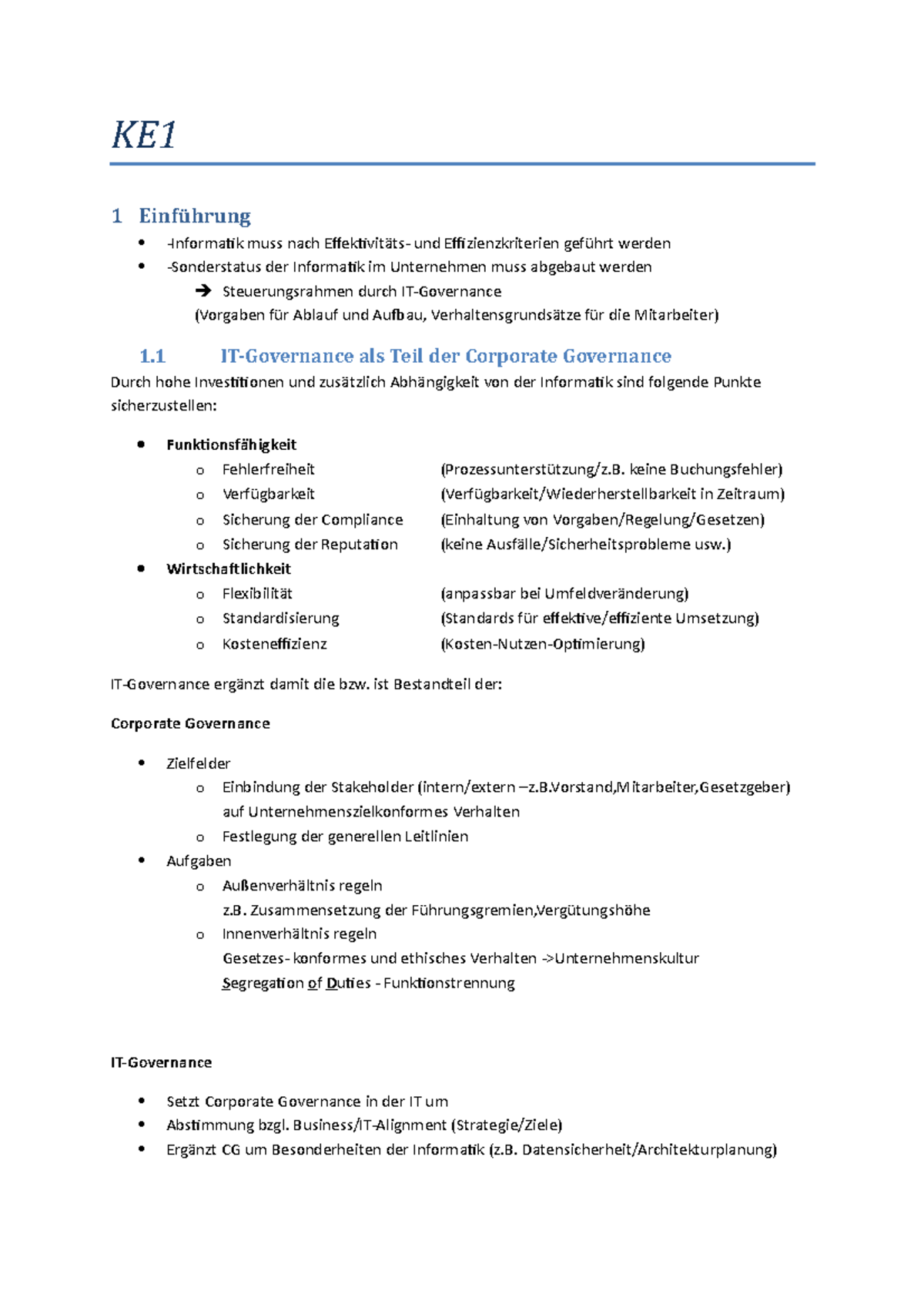 Kurseinheit 1 IT-Governance - KE1 1 Muss Nach Und Effizienzkriterien ...