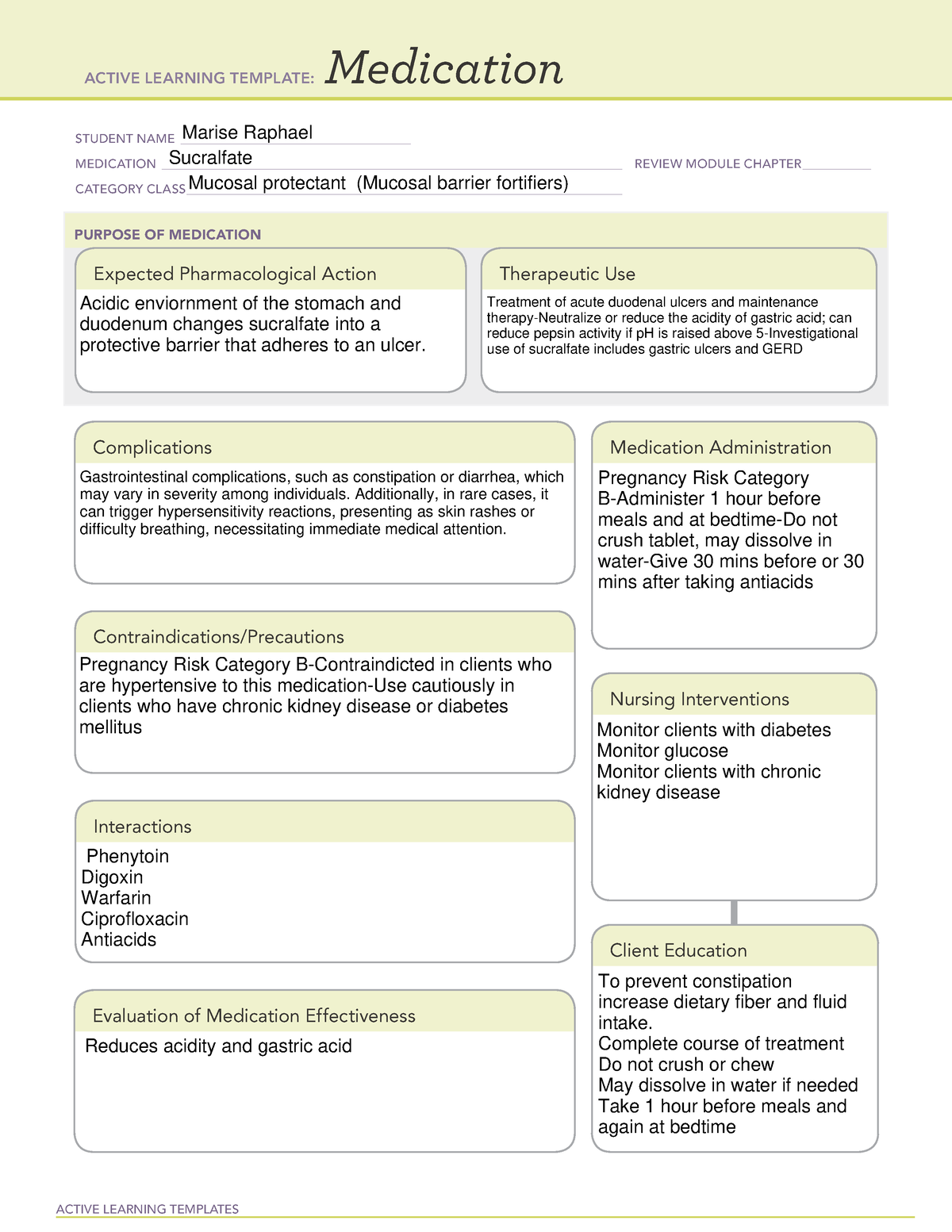 Sucralfate medication profile ACTIVE LEARNING TEMPLATES Medication