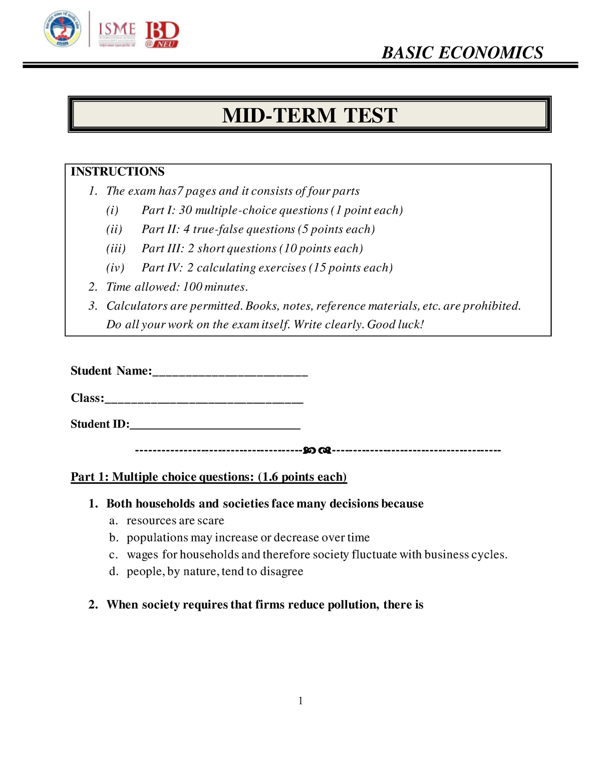 MID-TERM BE - exam - MID-TERM TEST INSTRUCTIONS The exam has7 pages and ...